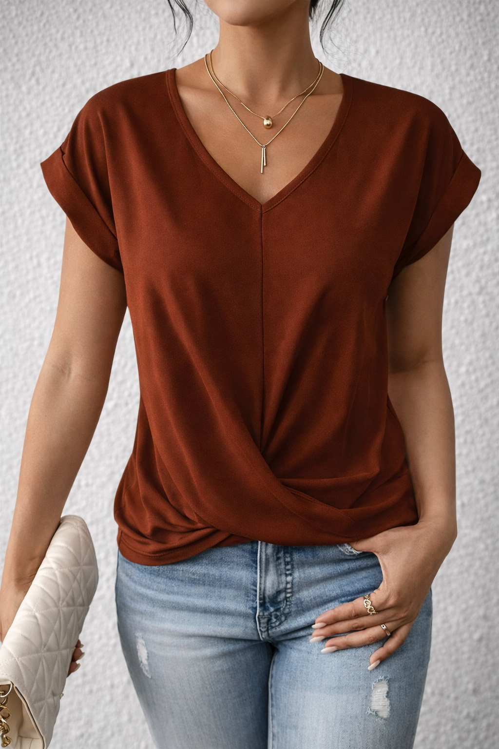 Classic Twist Detail V-Neck Top
