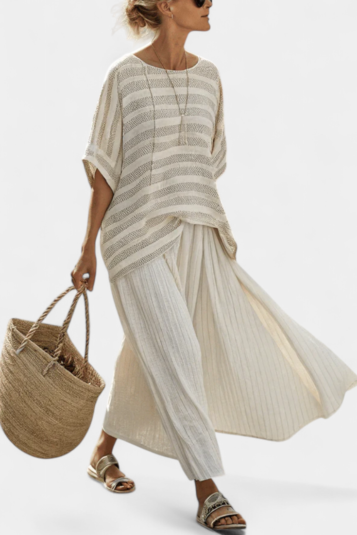Graziella — Natural Bamboo Striped Top & Fluid Linen Trousers