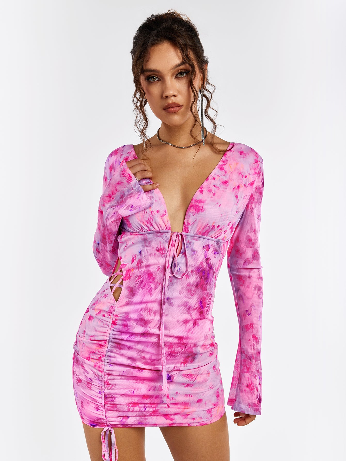 Deep V-Neck Backless Tie Floral Dress