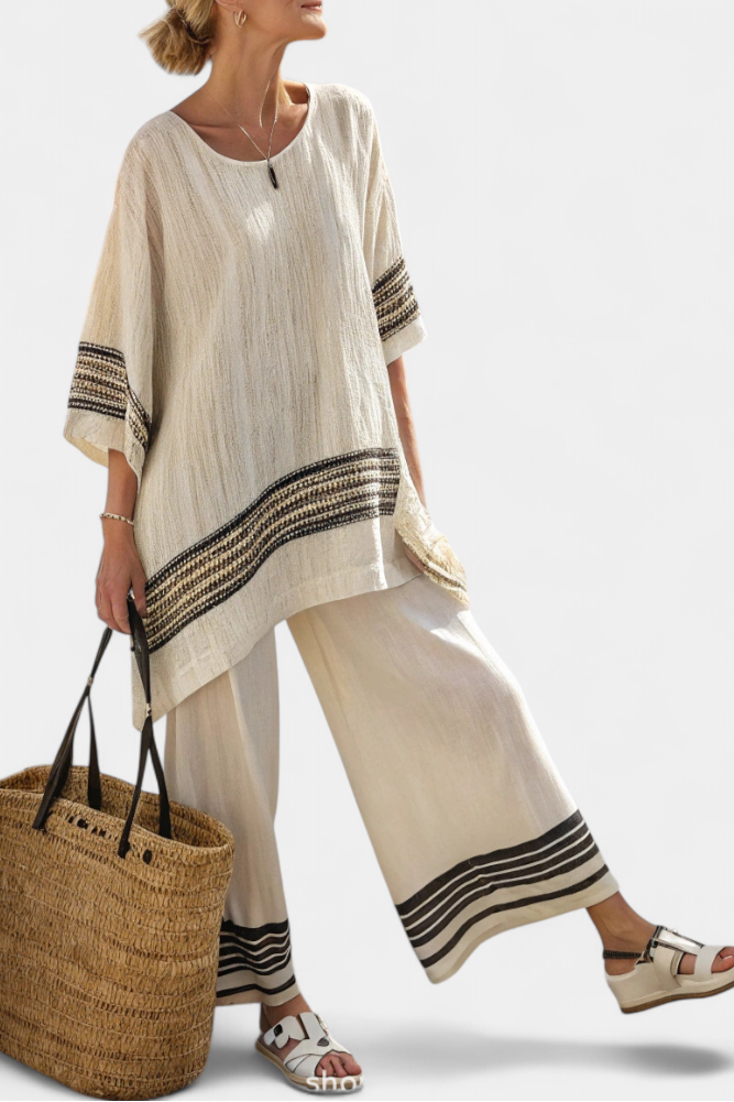 Mariella — Elegant Black-Striped Linen Top & Fluid Trousers