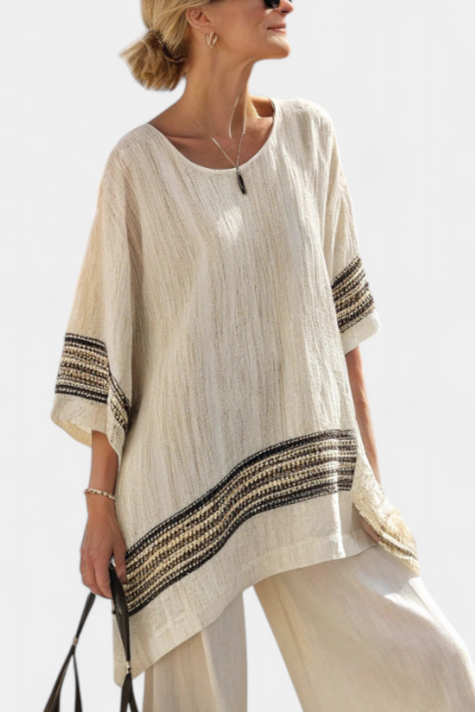 Mariella — Elegant Black-Striped Linen Top & Fluid Trousers