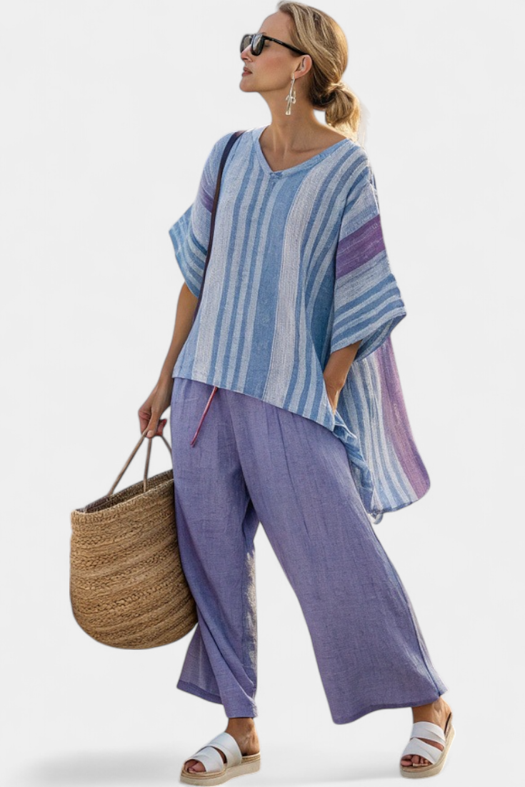 Carlotta – Elegant Lavender & Sky Blue Top with Linen Trousers