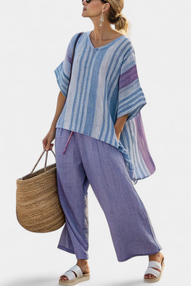 Carlotta – Elegant Lavender & Sky Blue Top with Linen Trousers