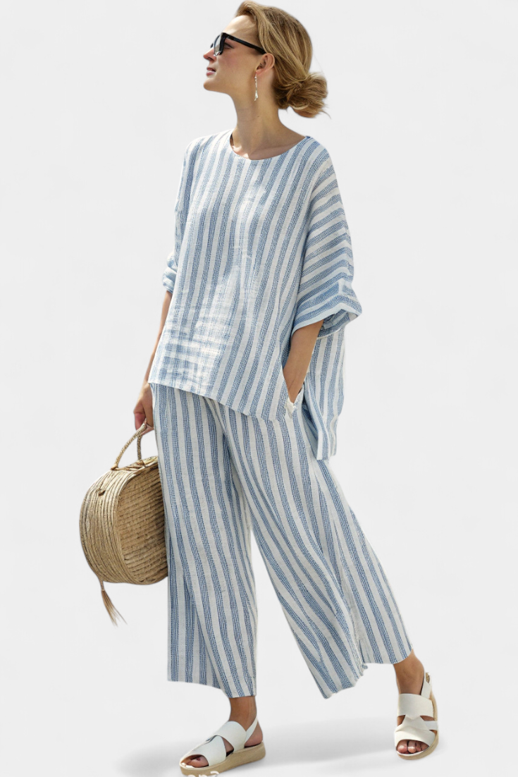 Federica — Sophisticated Blue-Striped Linen Top & Relaxed Trousers