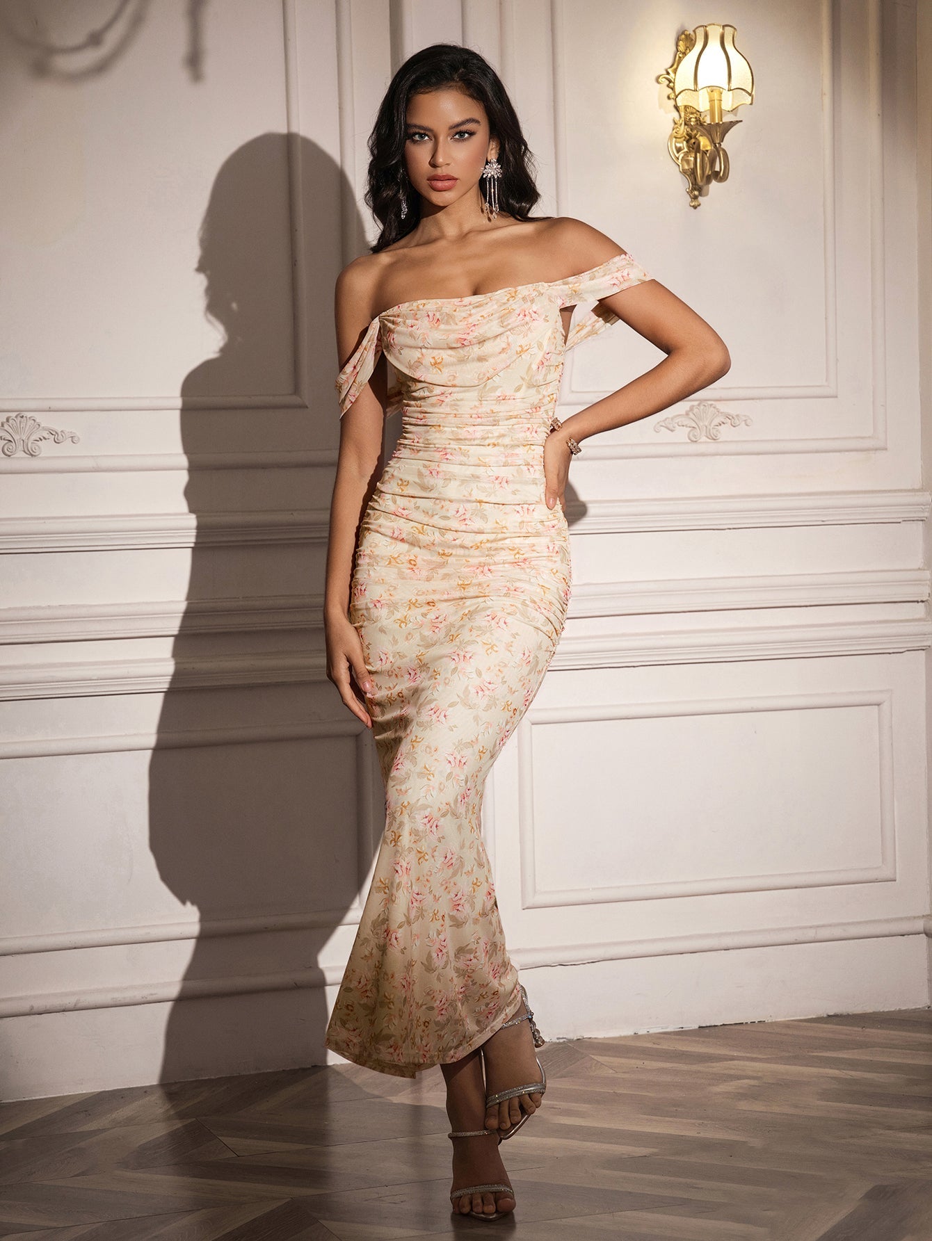 Ruched Off Shoulder Zipper Back Floral Bodycon Dress