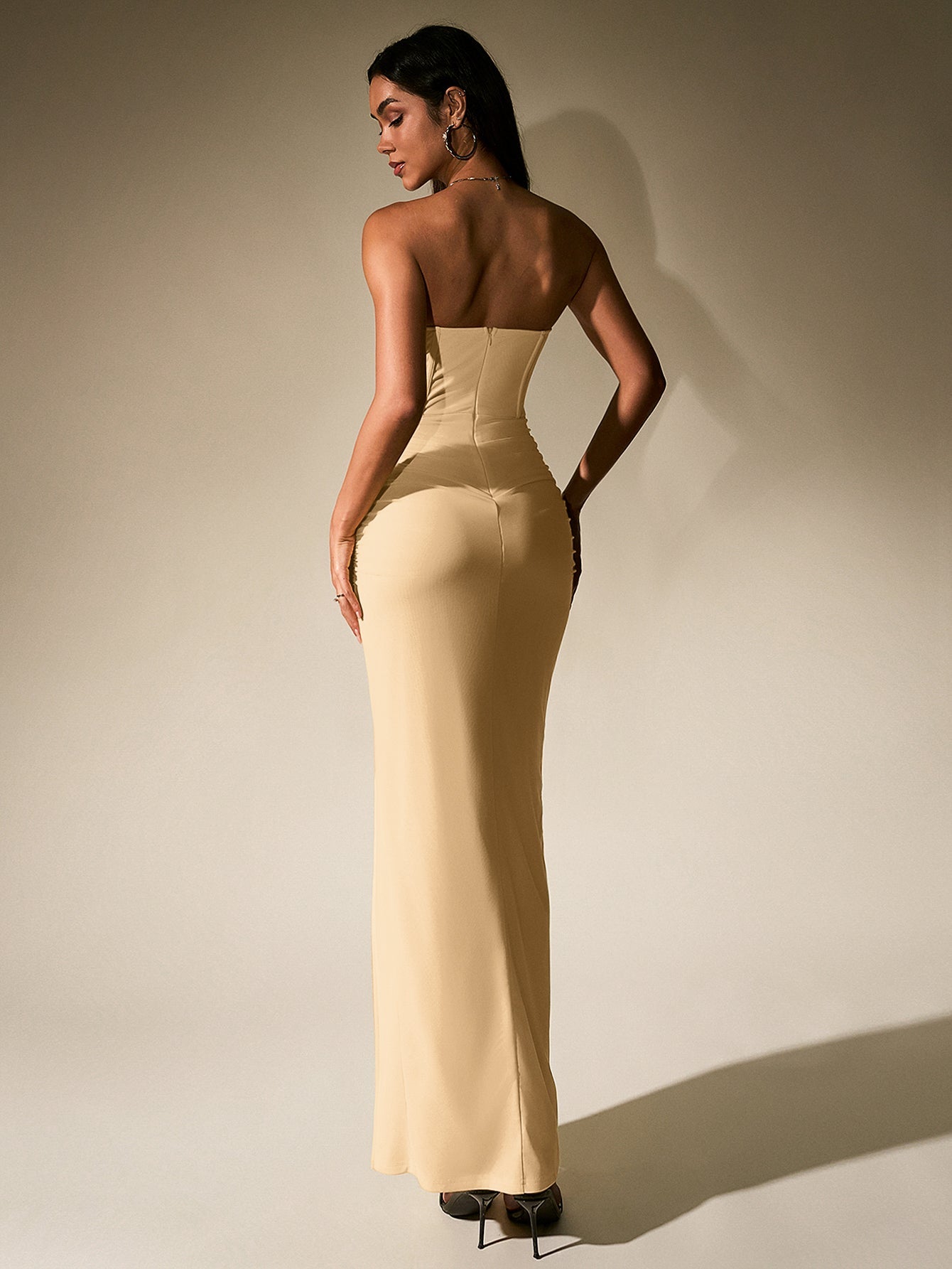 Ruched Corset Split Hem Mesh Tube Dress