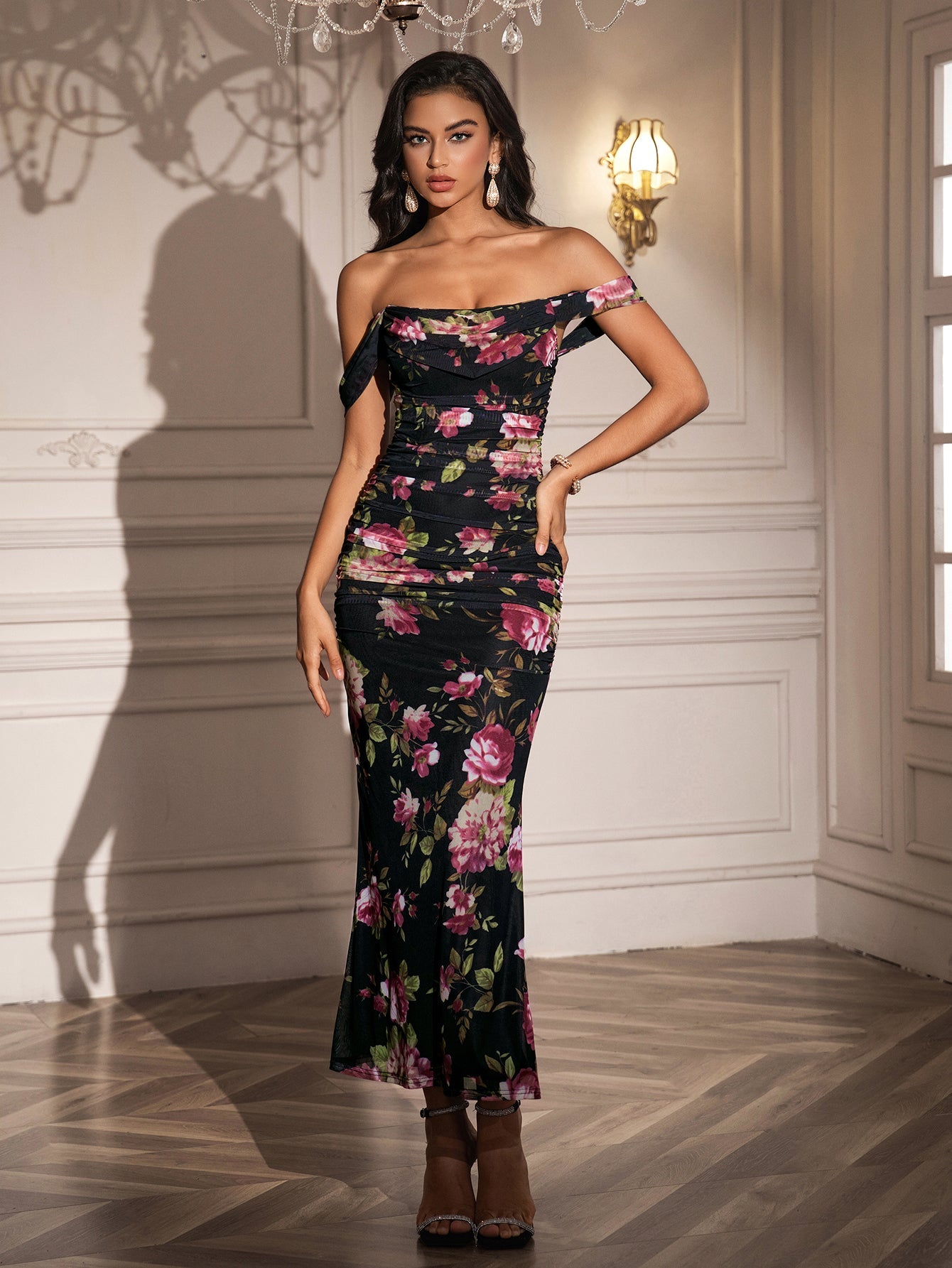 Ruched Off Shoulder Zipper Back Floral Bodycon Dress