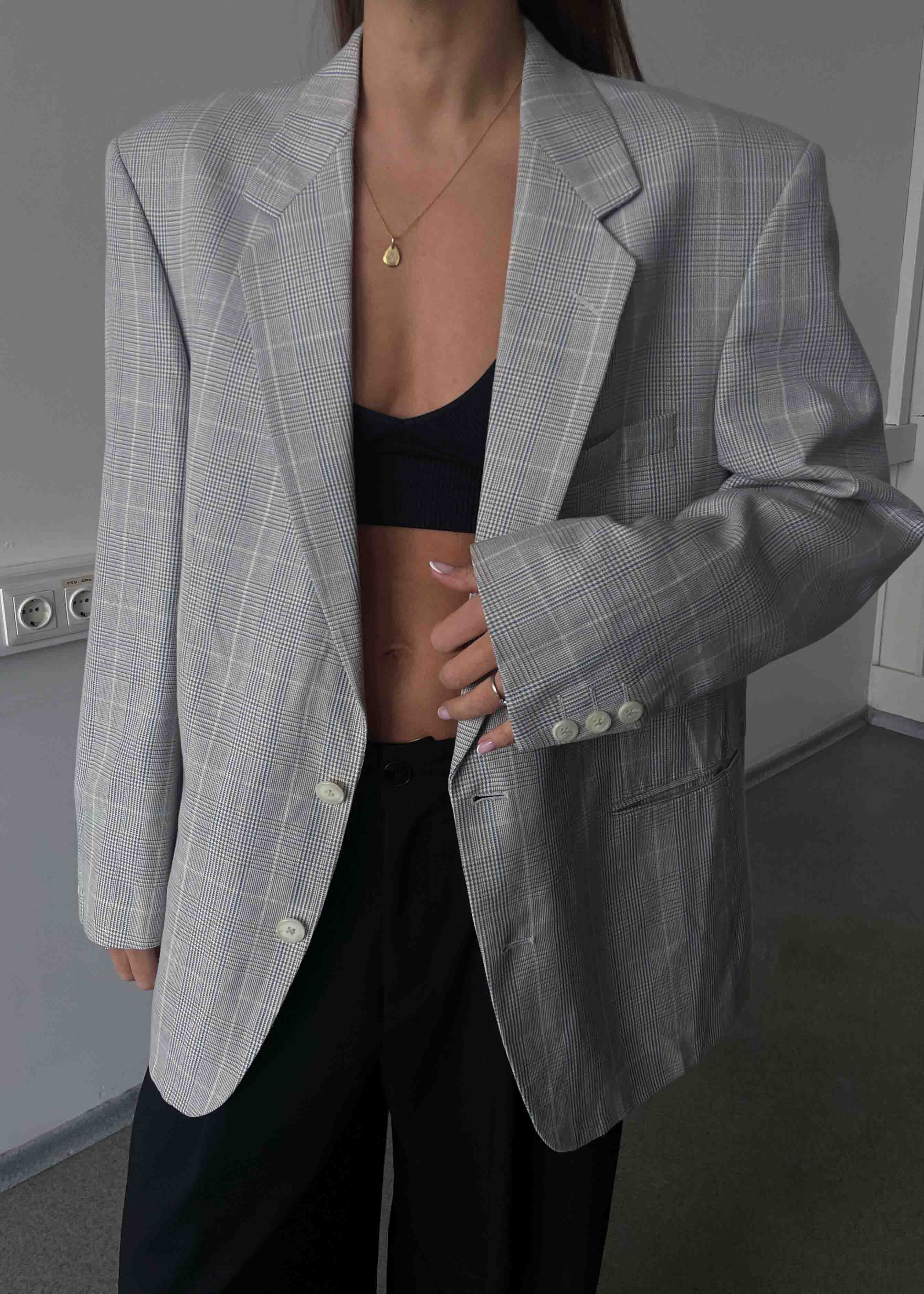 Vintage Light Grey Checked Oversized Blazer