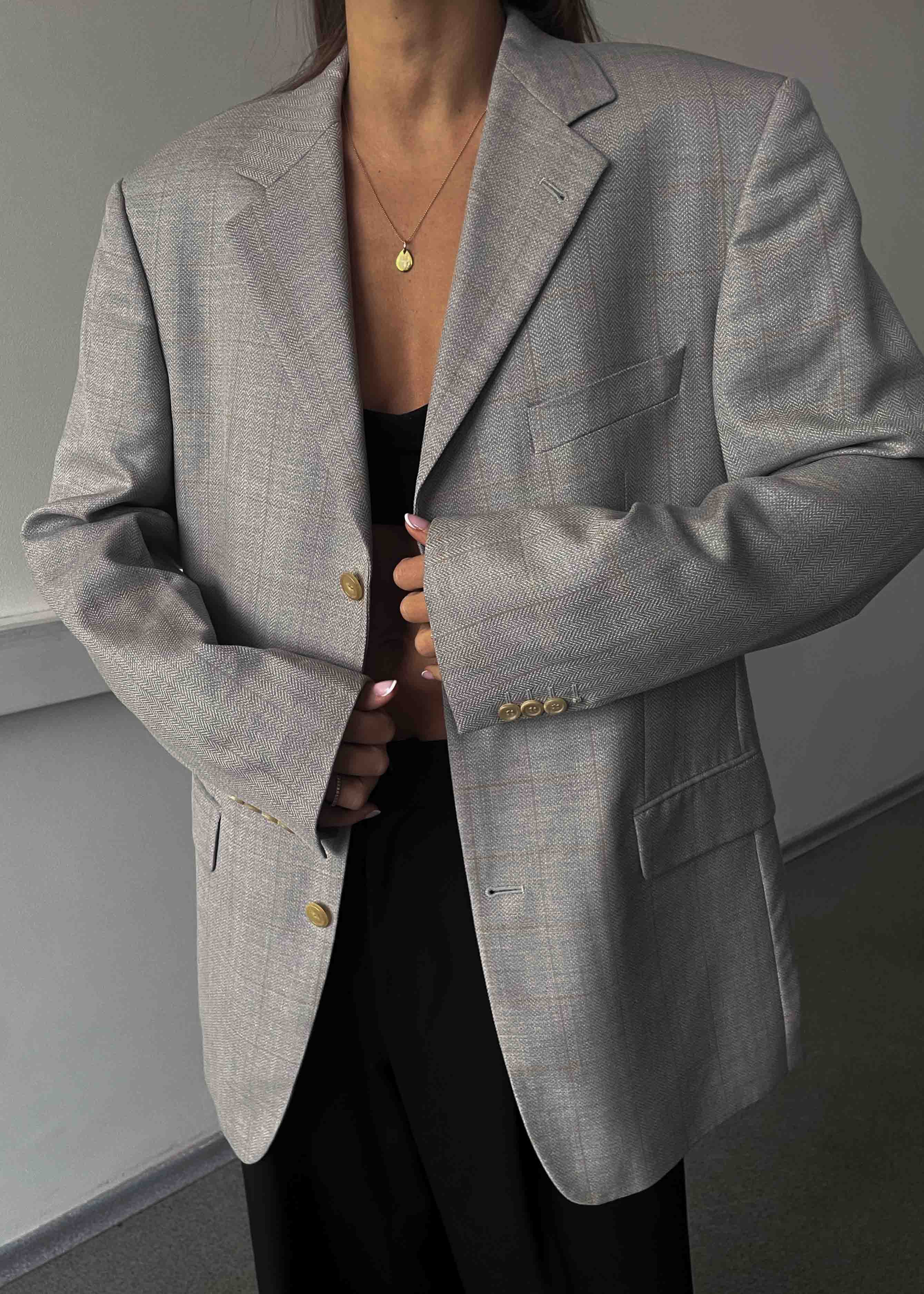 Vintage Light Grey Patterned Oversized 100% WOOL Blazer