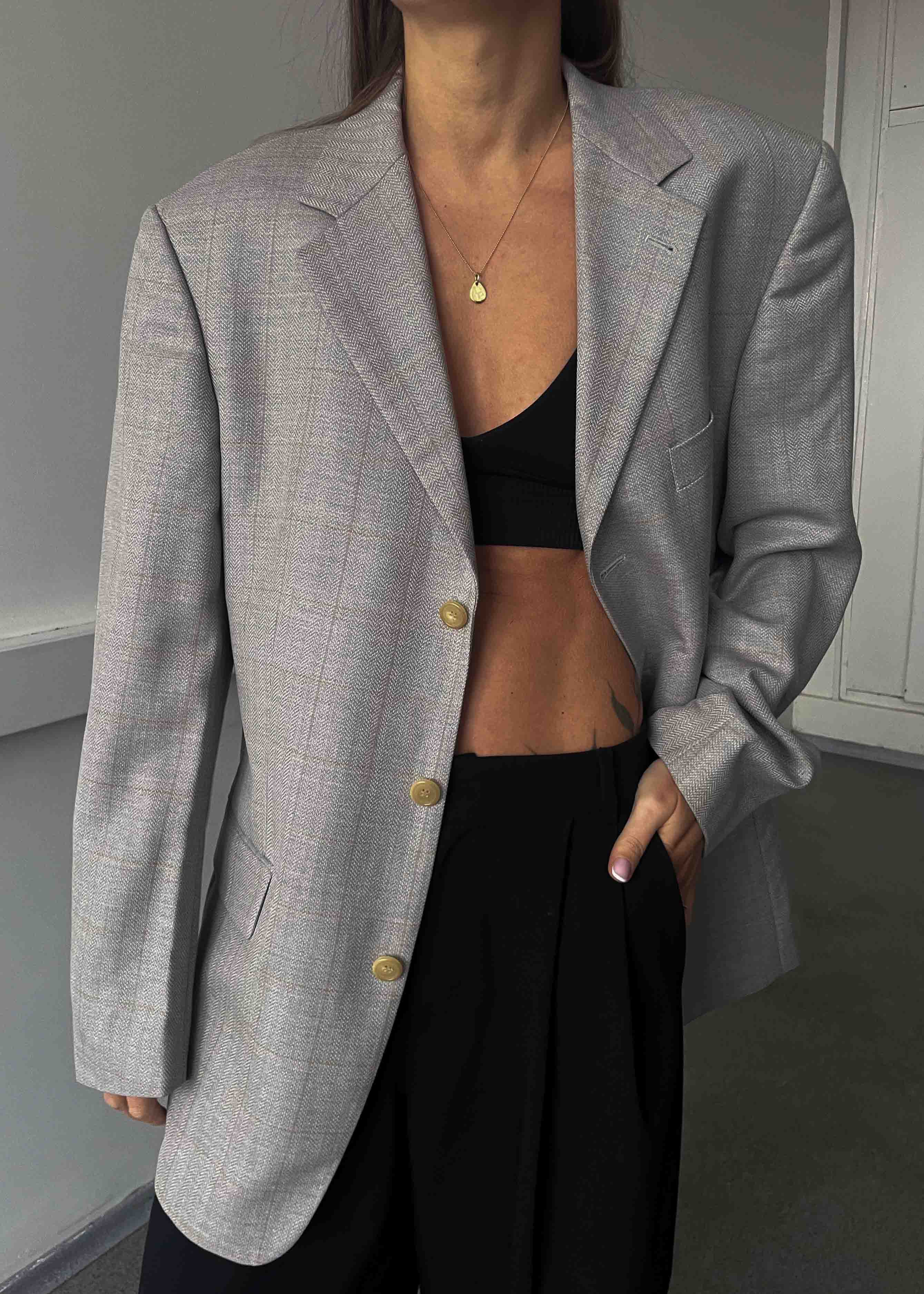 Vintage Light Grey Patterned Oversized 100% WOOL Blazer