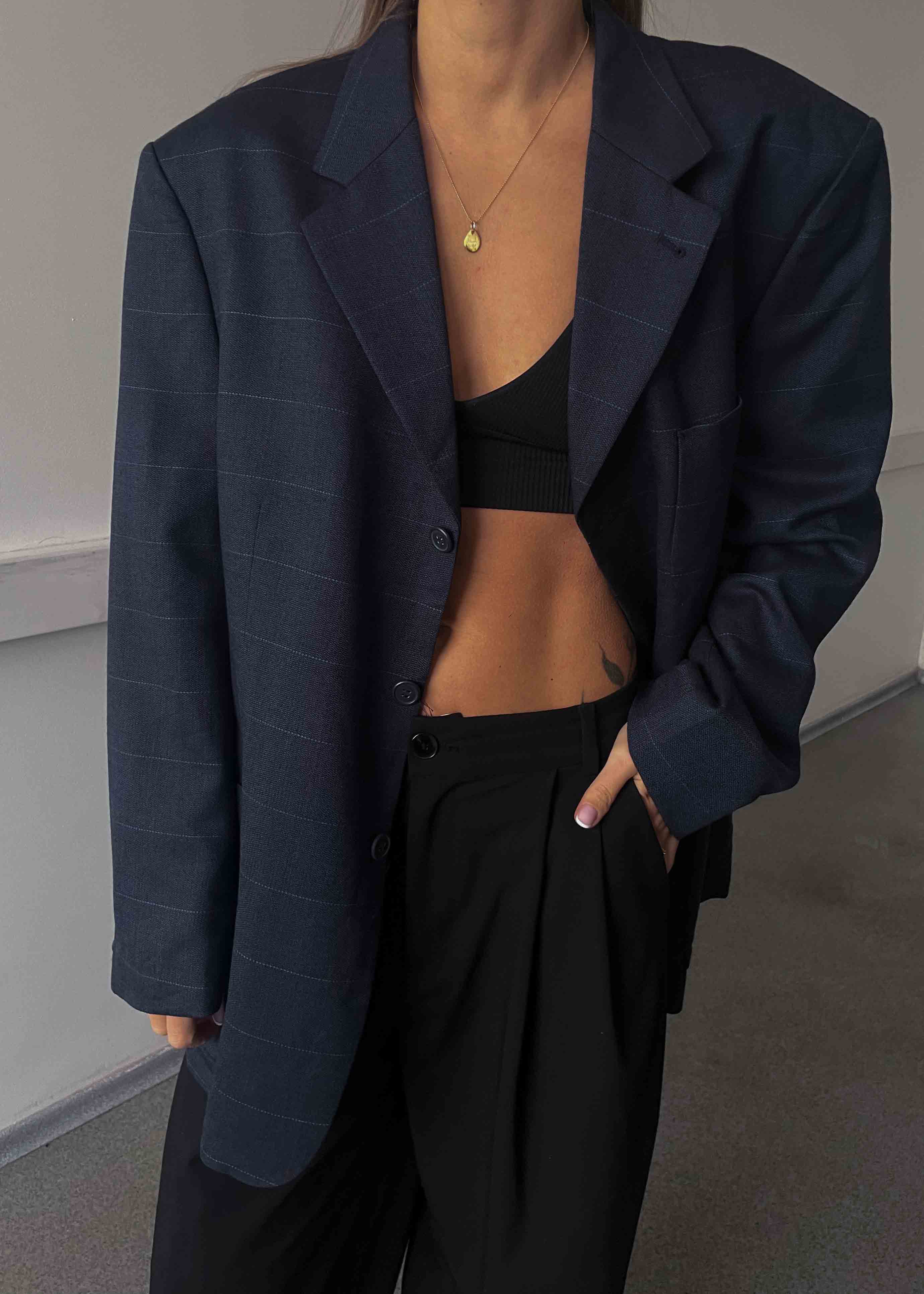 Vintage Dark Blue Checked Oversized Blazer