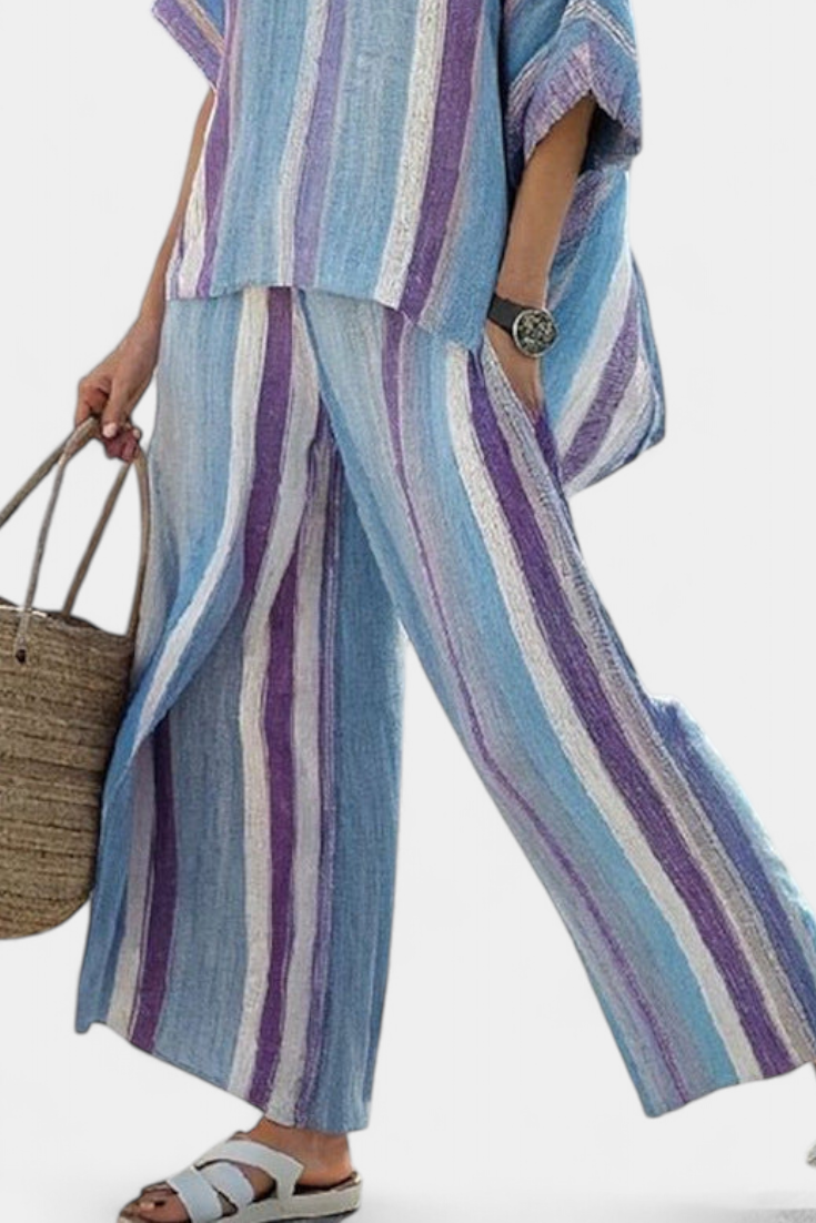 Ginevra — Elegant Pastel Mauve Top & Striped Linen Trousers