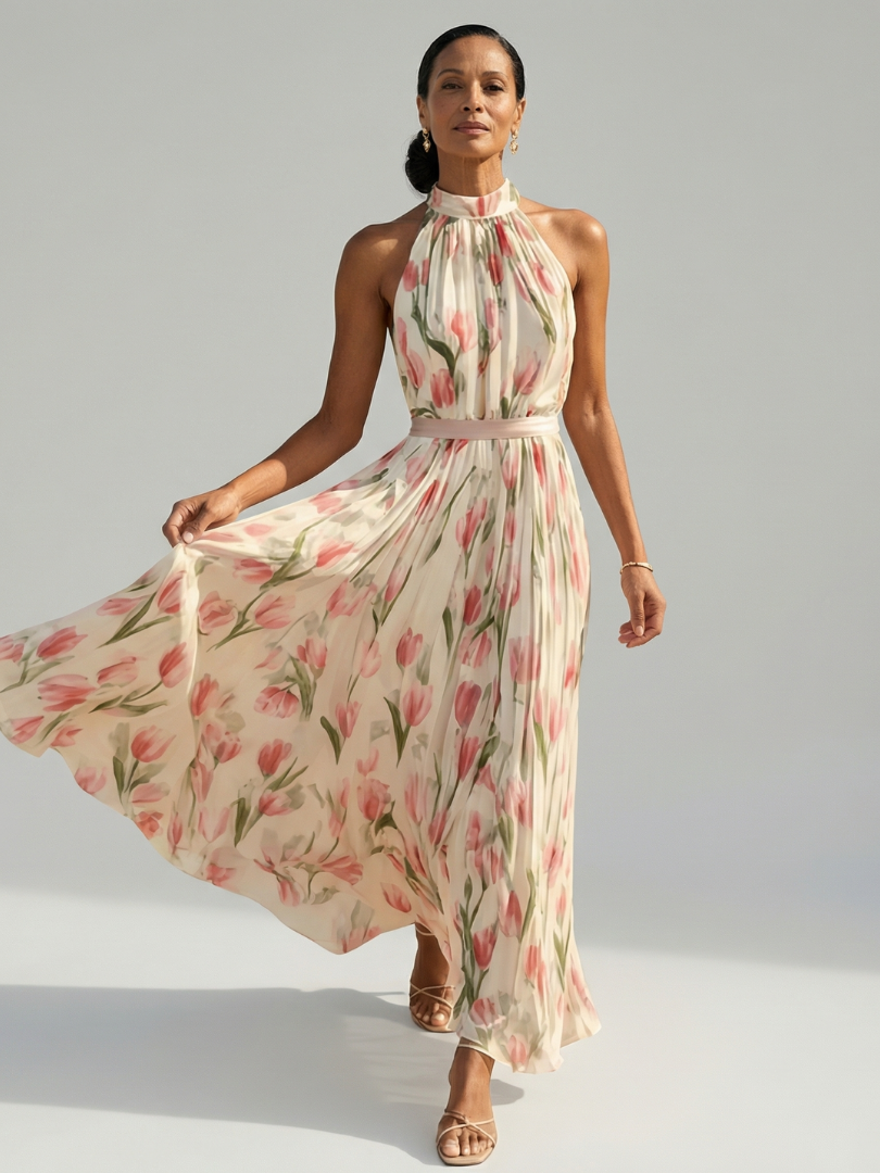 Aurelle | Halter Neck Floral Midi Dress