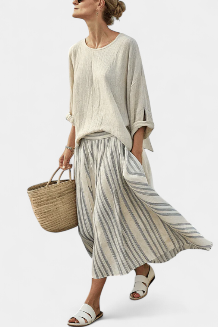 Aurora — Comfortable Blouse & Striped Midi Skirt