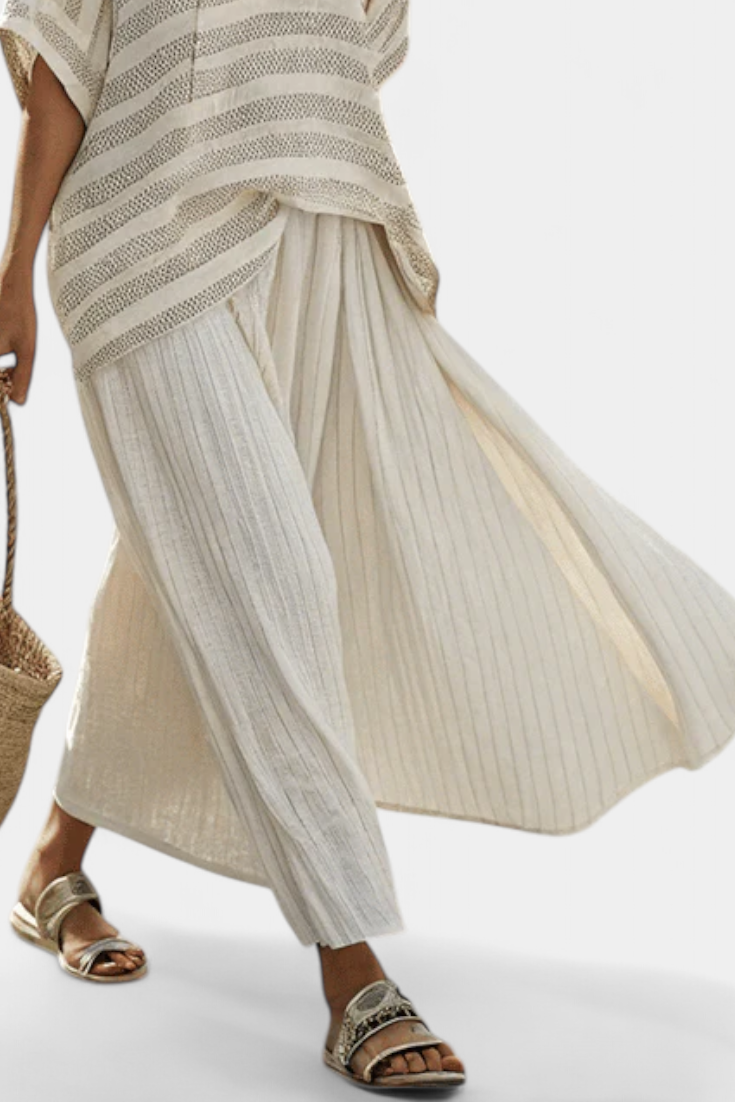 Graziella — Natural Bamboo Striped Top & Fluid Linen Trousers