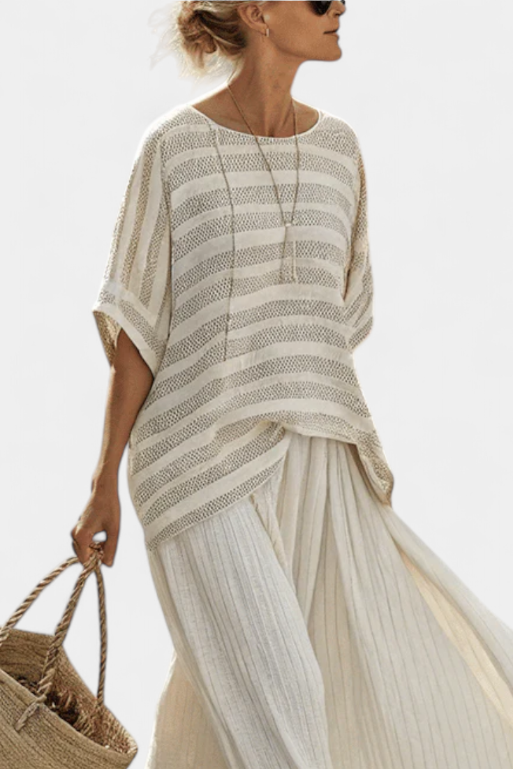 Graziella — Natural Bamboo Striped Top & Fluid Linen Trousers