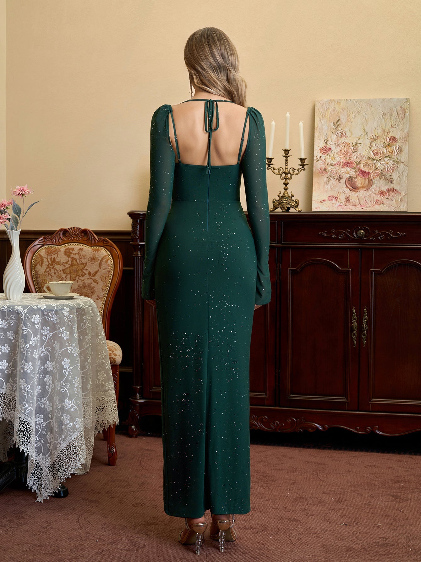 Long Sleeve Halter Sparkly Maxi Dress