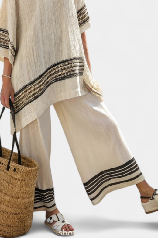 Mariella — Elegant Black-Striped Linen Top & Fluid Trousers