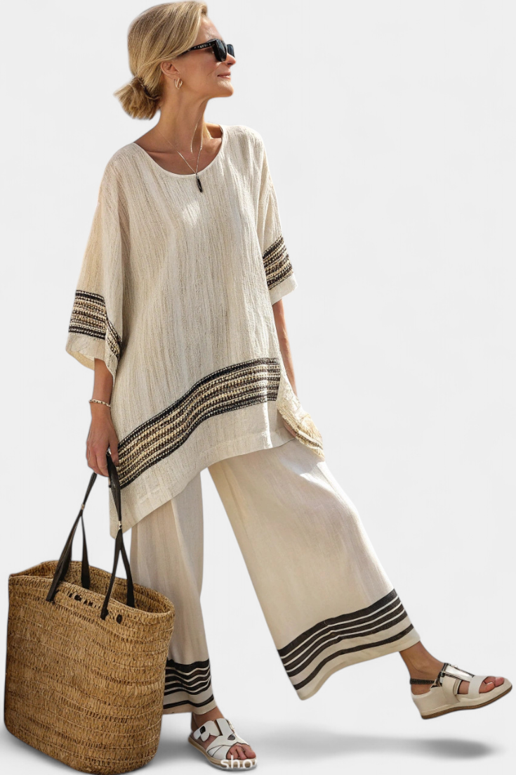 Mariella — Elegant Black-Striped Linen Top & Fluid Trousers