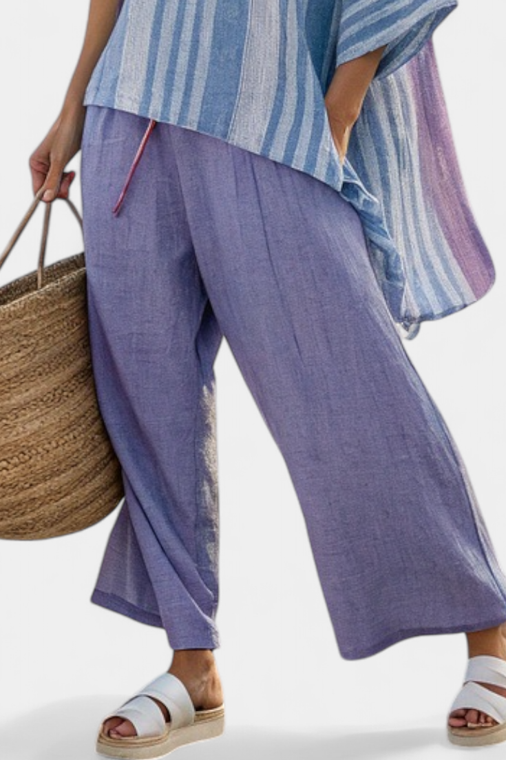 Carlotta – Elegant Lavender & Sky Blue Top with Linen Trousers