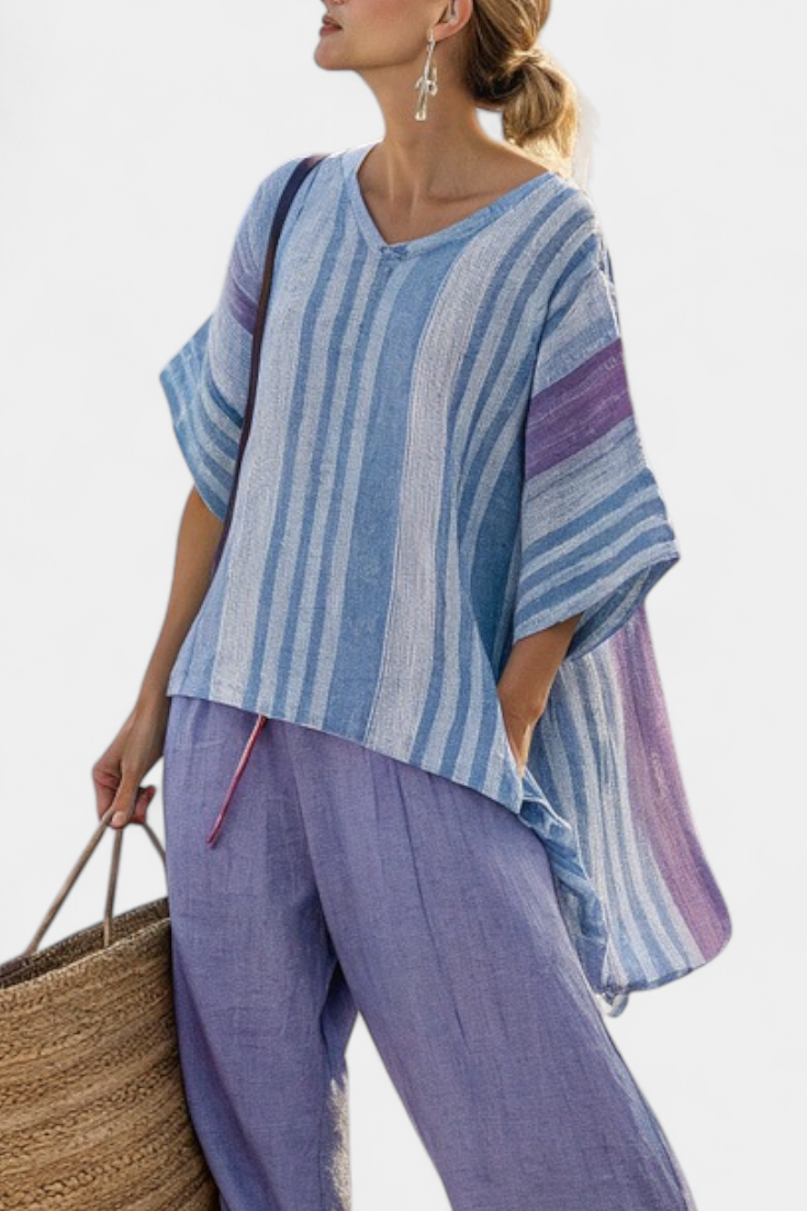 Carlotta – Elegant Lavender & Sky Blue Top with Linen Trousers