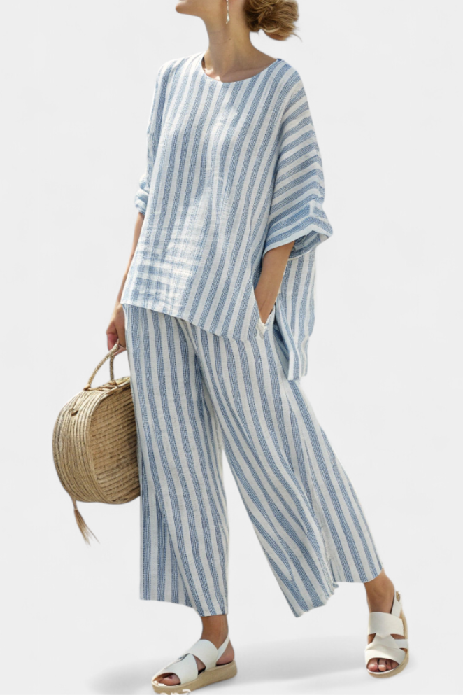 Federica — Sophisticated Blue-Striped Linen Top & Relaxed Trousers