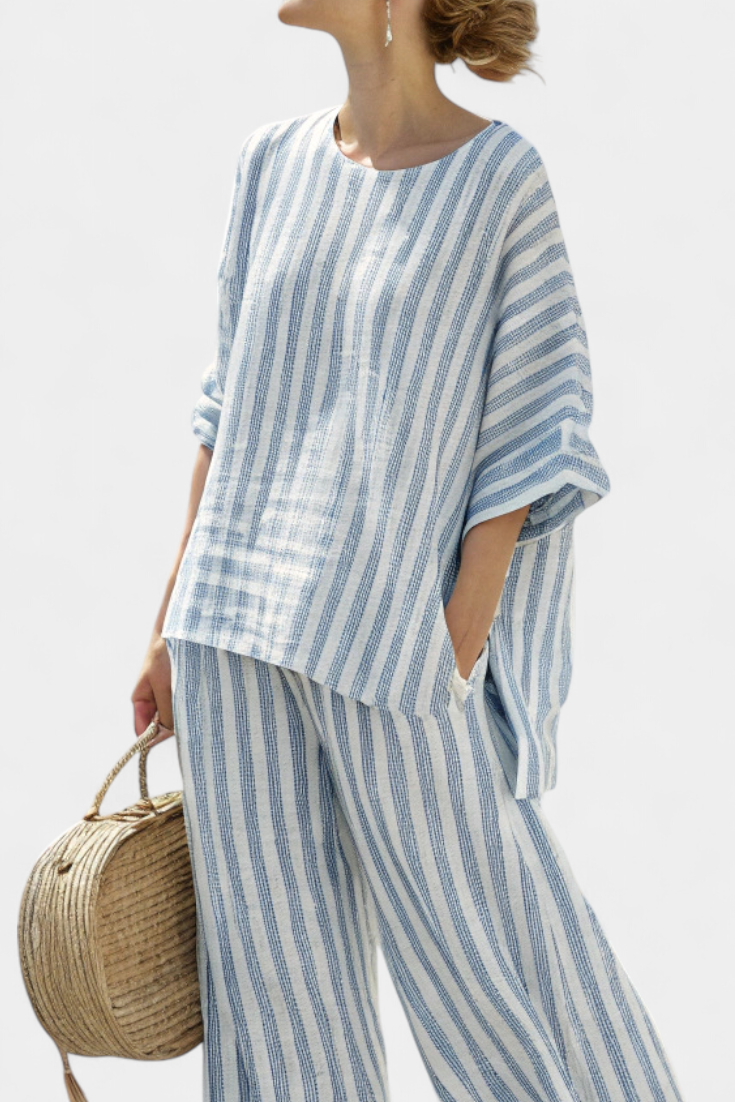 Federica — Sophisticated Blue-Striped Linen Top & Relaxed Trousers