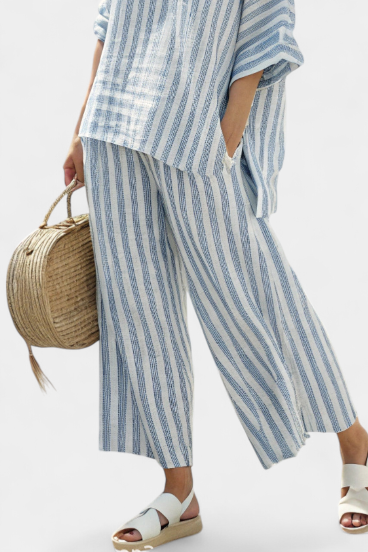 Federica — Sophisticated Blue-Striped Linen Top & Relaxed Trousers