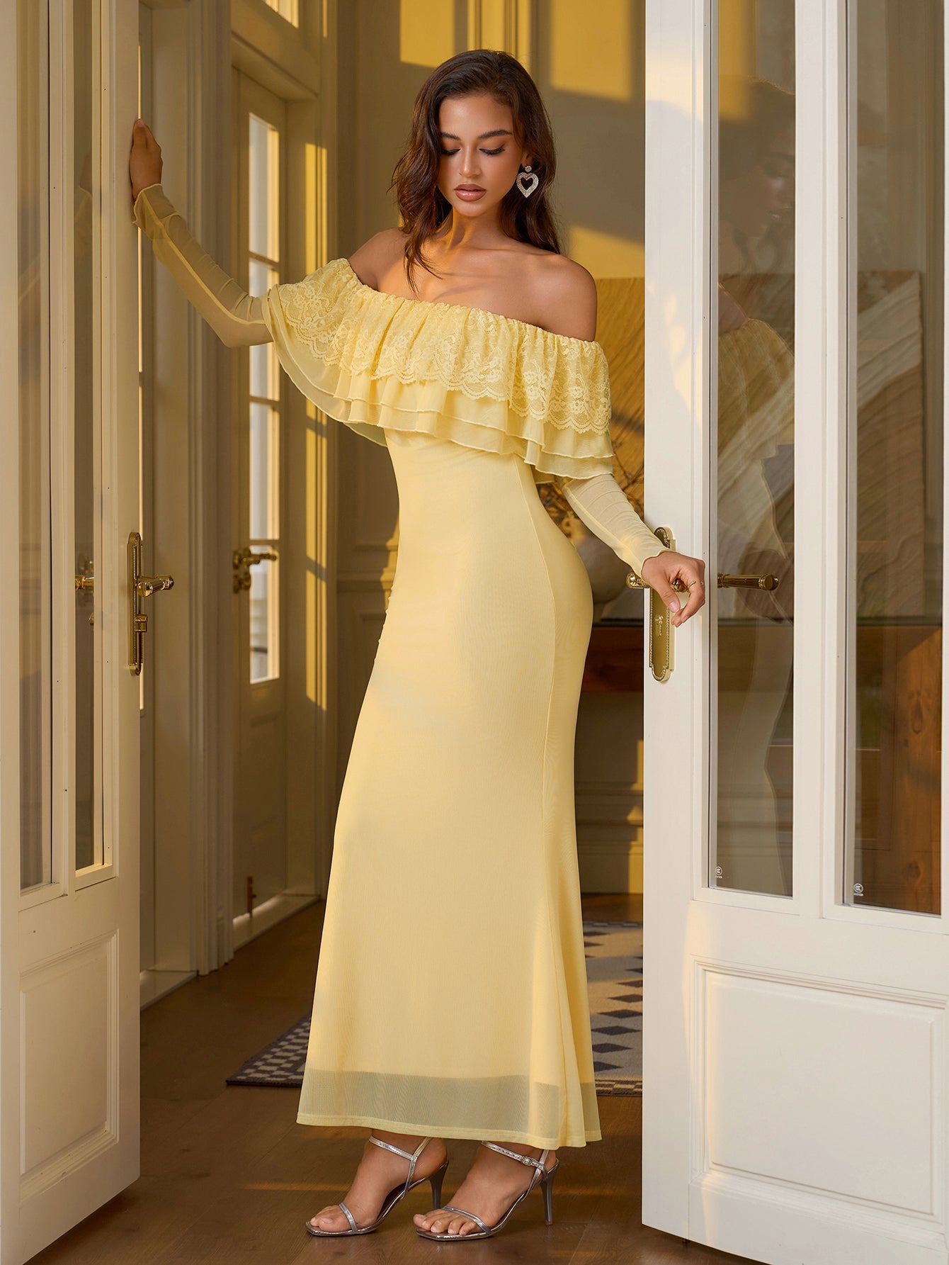 Off Shoulder Long Sleeve Bodycon Mesh Dress