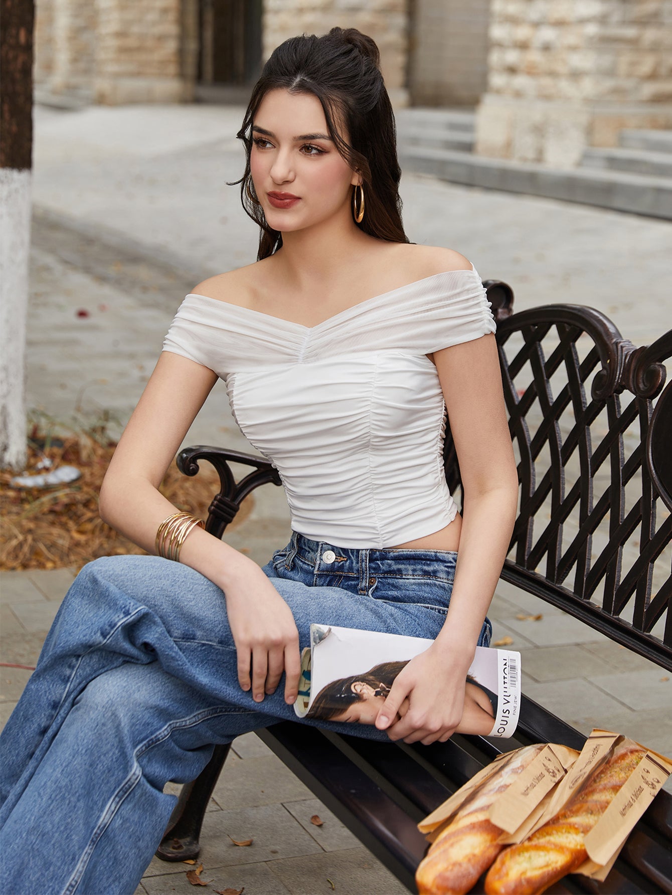 Off Shoulder Ruched Backless Crop Top