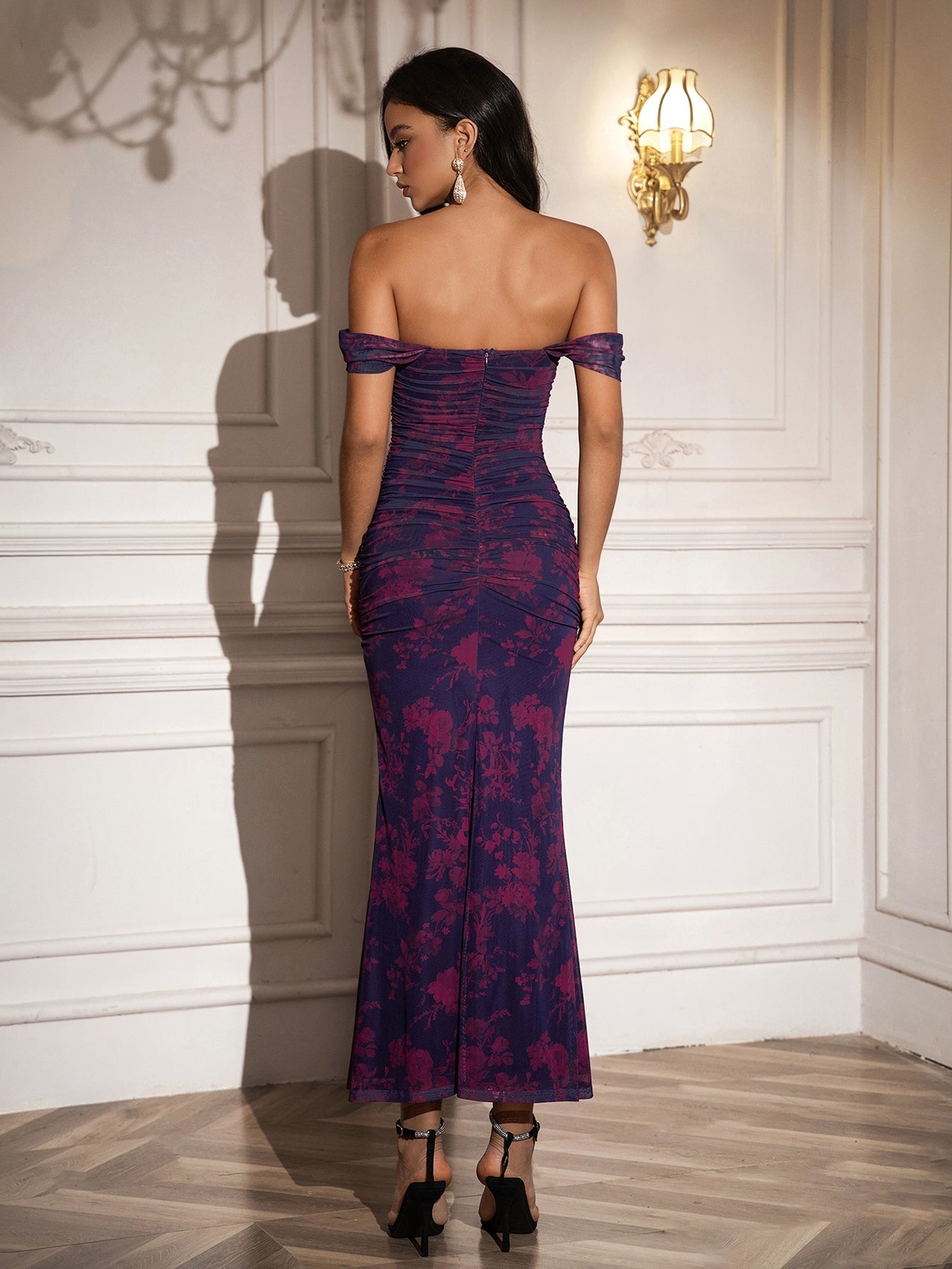 Ruched Off Shoulder Zipper Back Floral Bodycon Dress