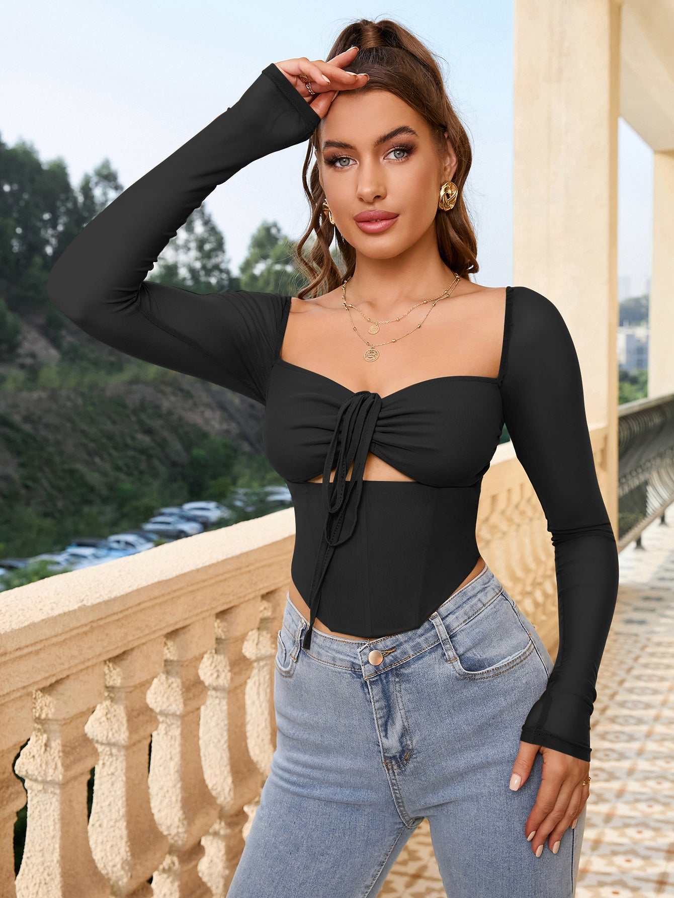 Square Neck Tie Front Cut Out Crop Top