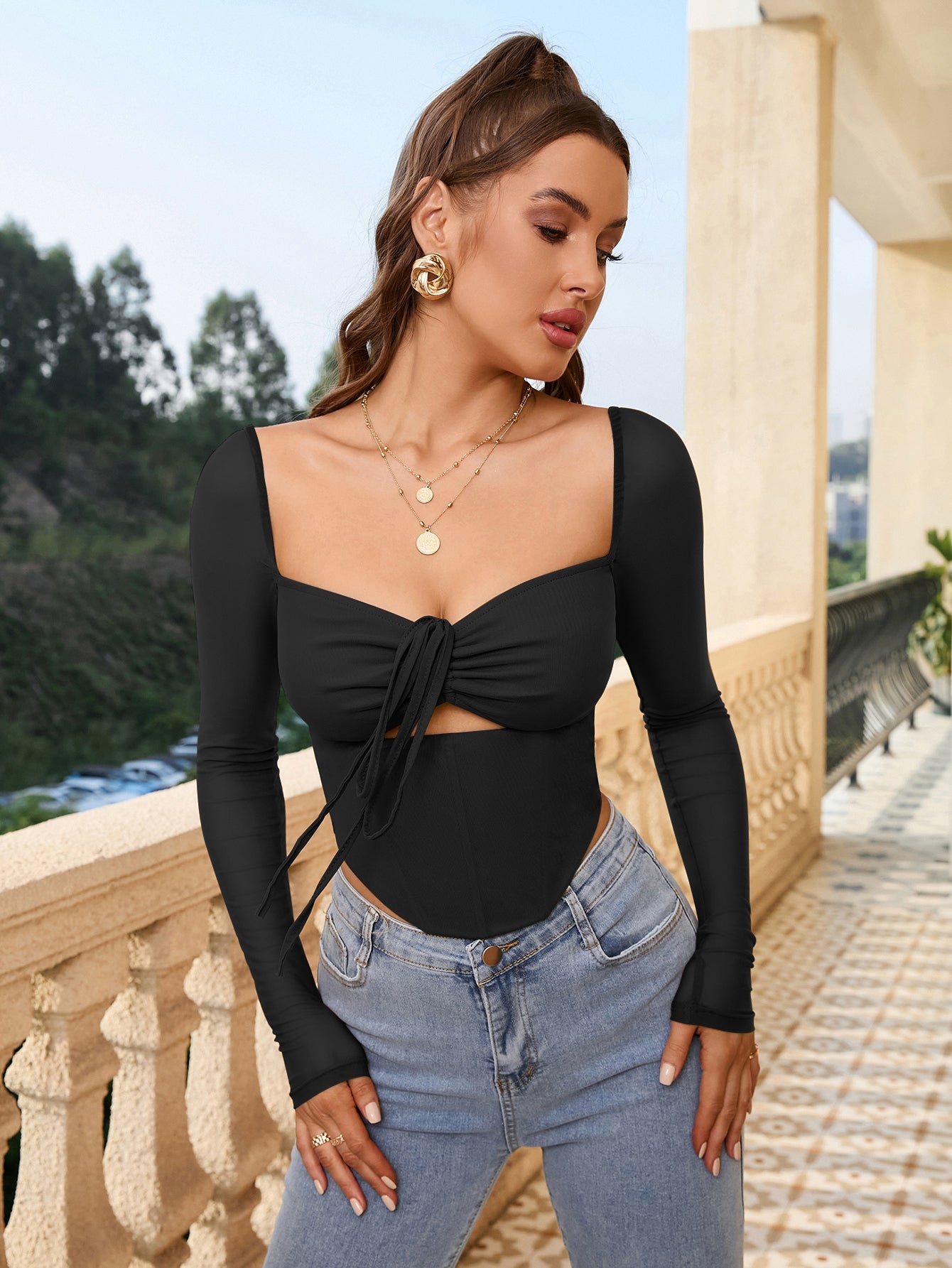 Square Neck Tie Front Cut Out Crop Top