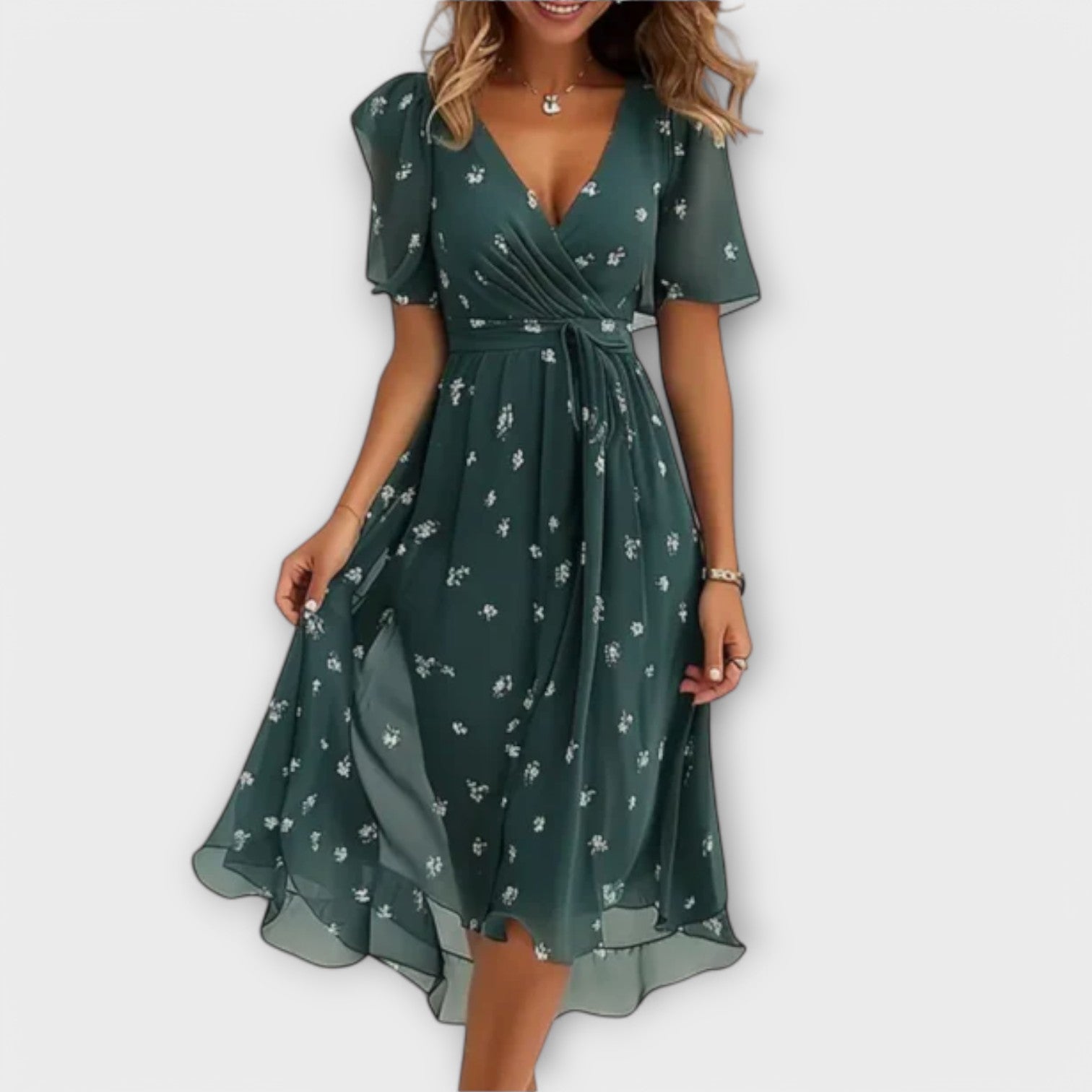 Isolde - Floral V-Neck Wrap Midi Dress