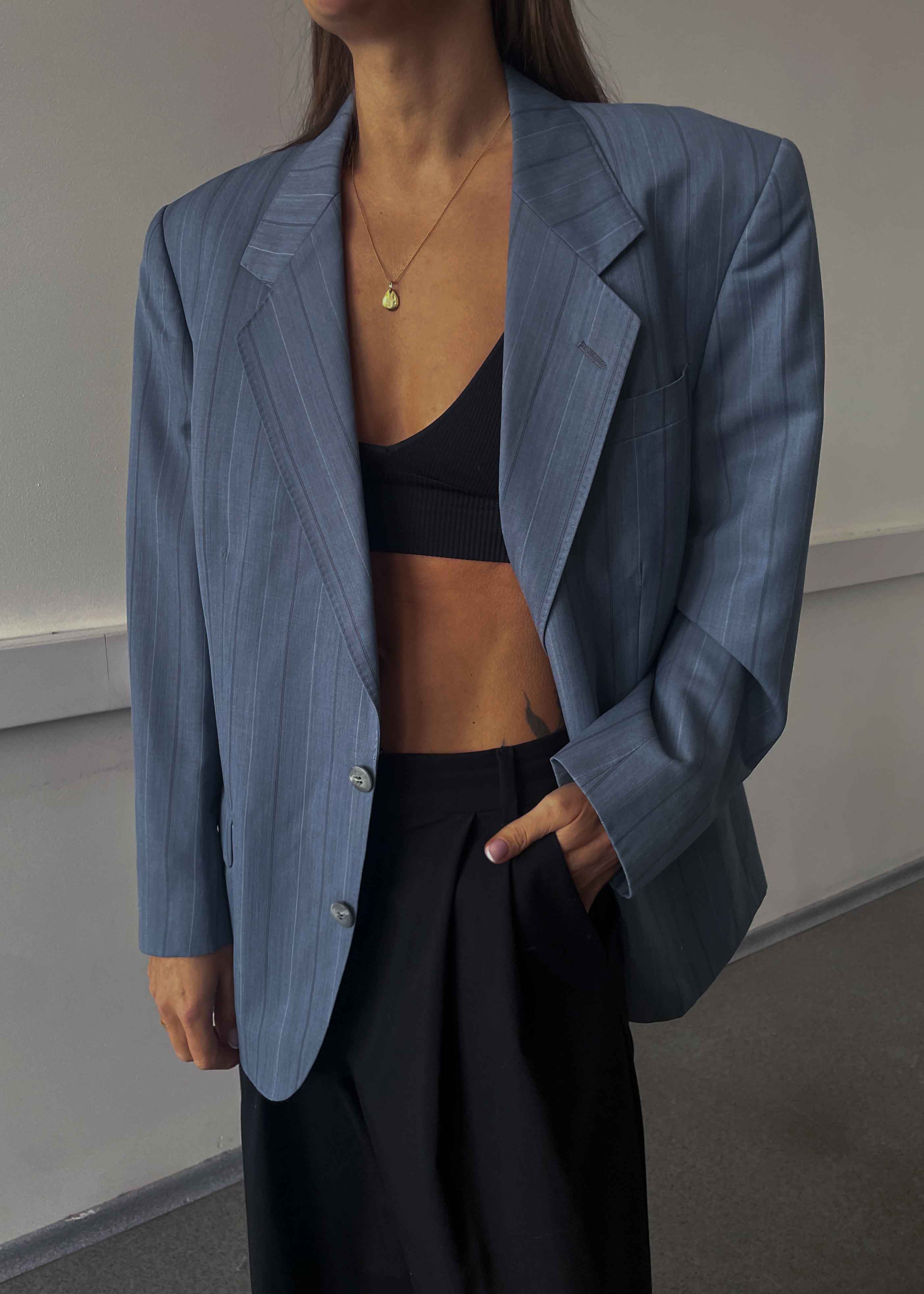 Vintage Light Blue Striped Oversized Blazer