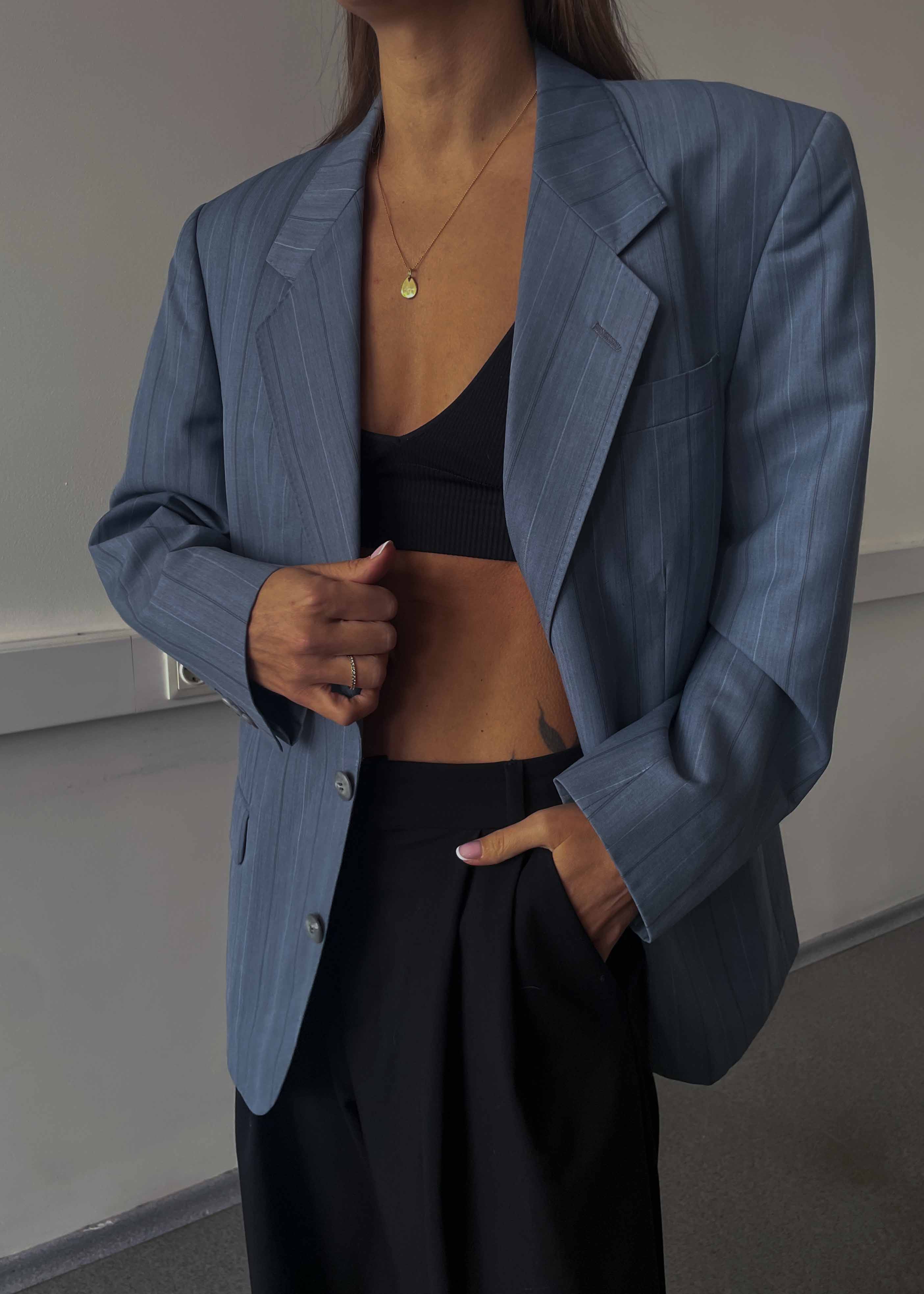 Vintage Light Blue Striped Oversized Blazer