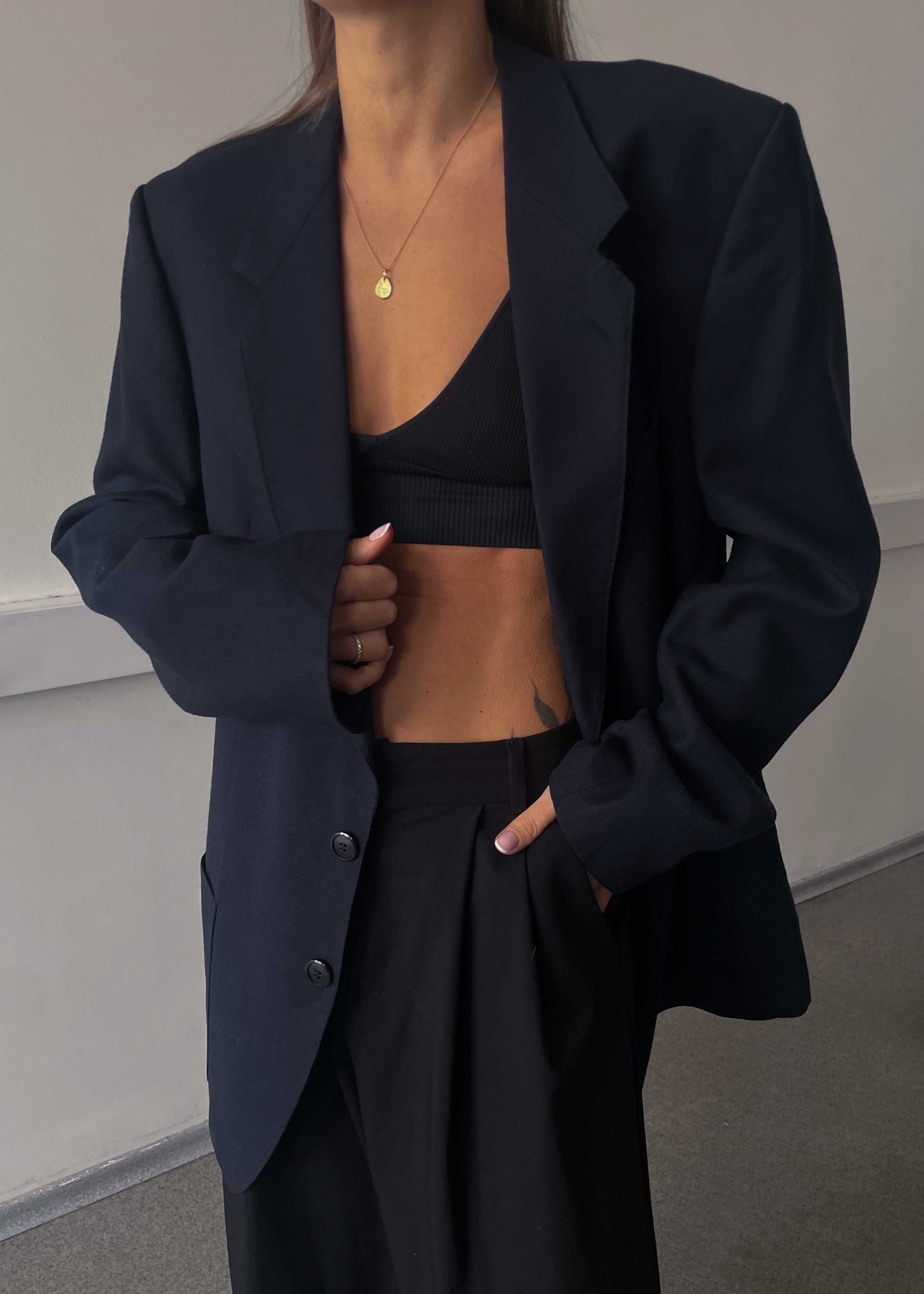 Vintage Navy Blue Brushed Wool Oversized Blazer