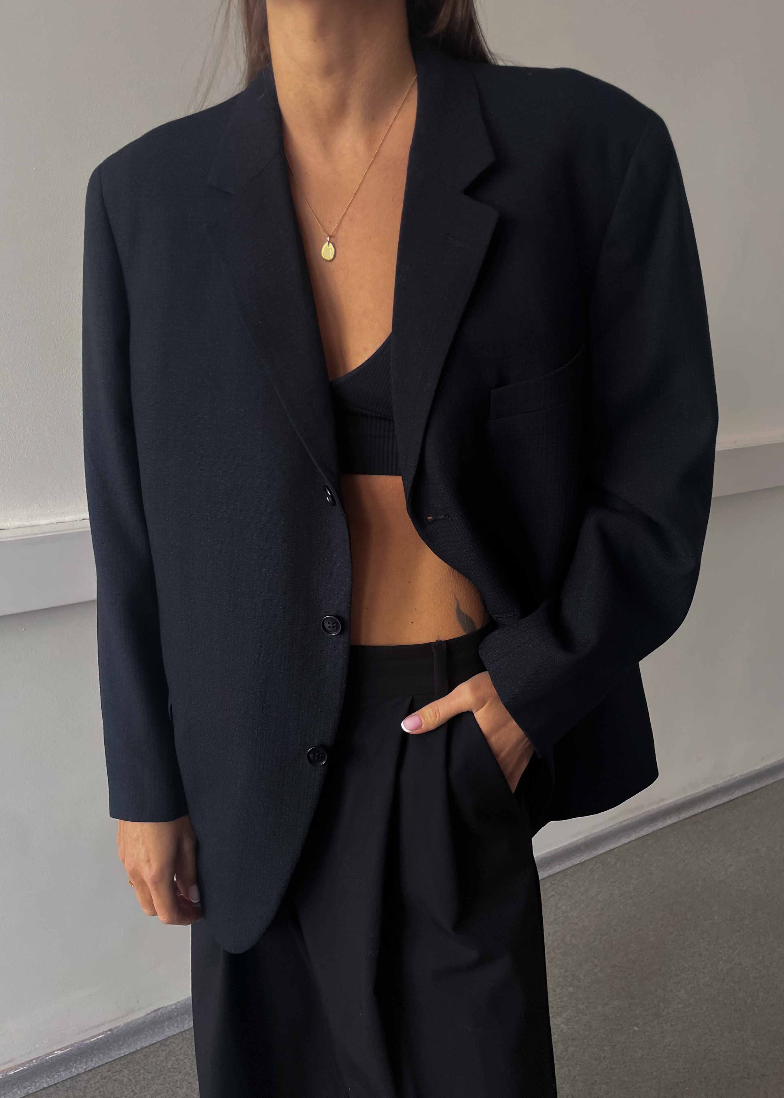 Vintage Dark Blue Patterned 100% Wool Oversized Blazer