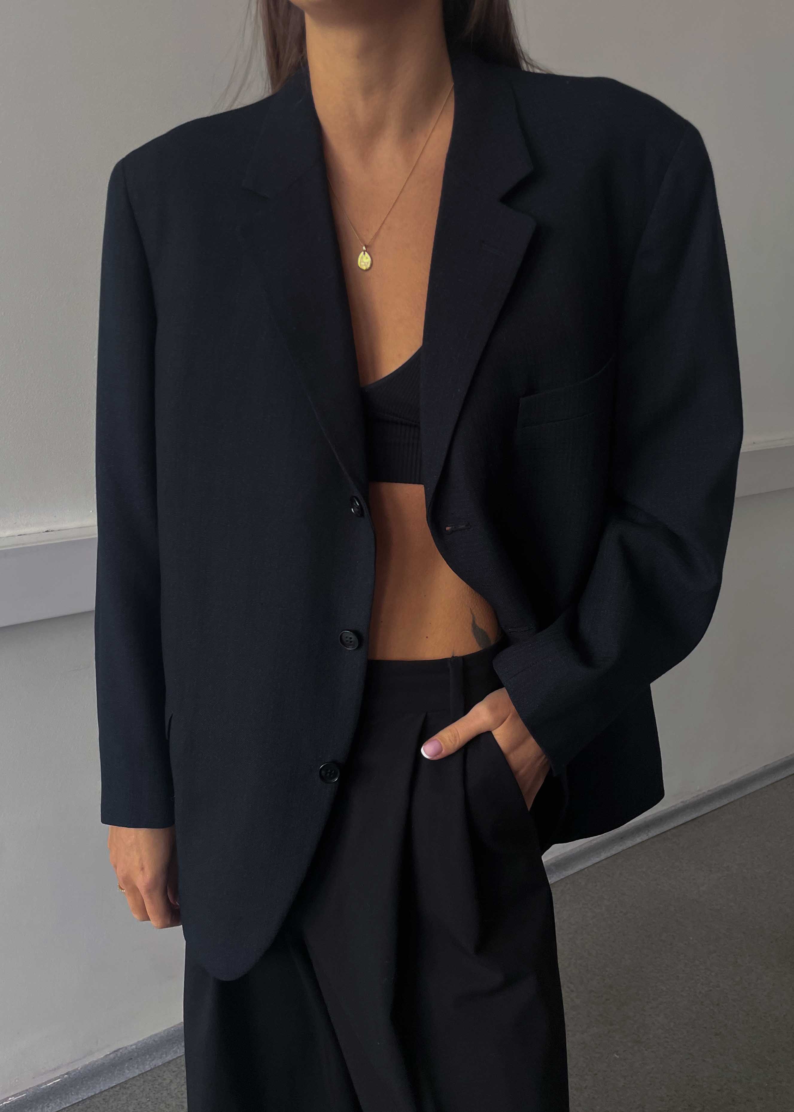 Vintage Dark Blue Patterned 100% Wool Oversized Blazer