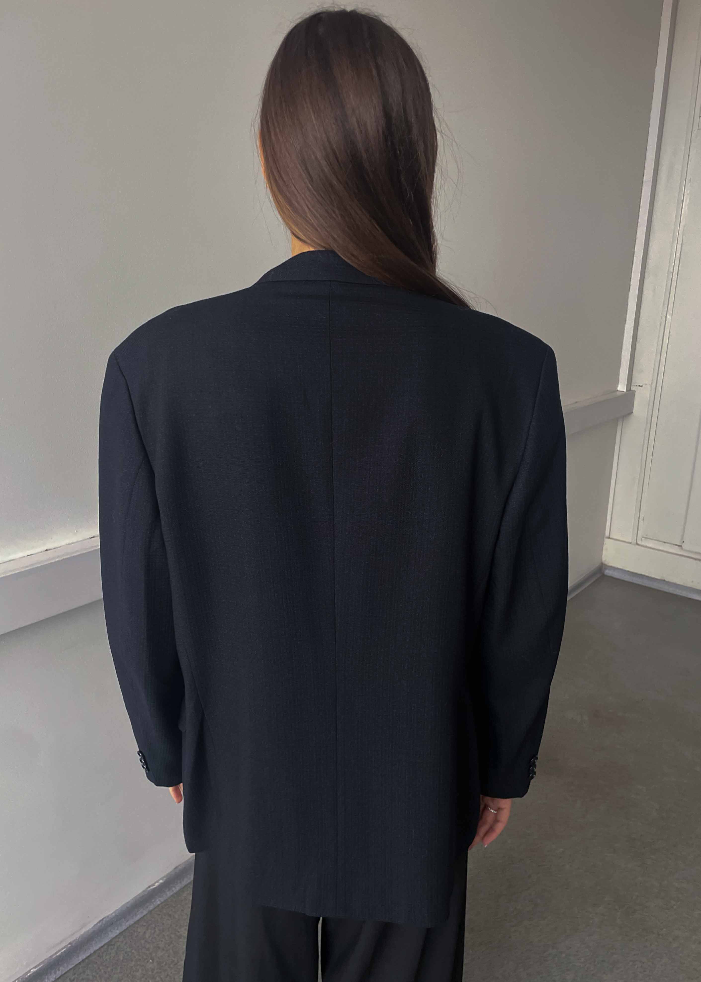 Vintage Dark Blue Patterned 100% Wool Oversized Blazer