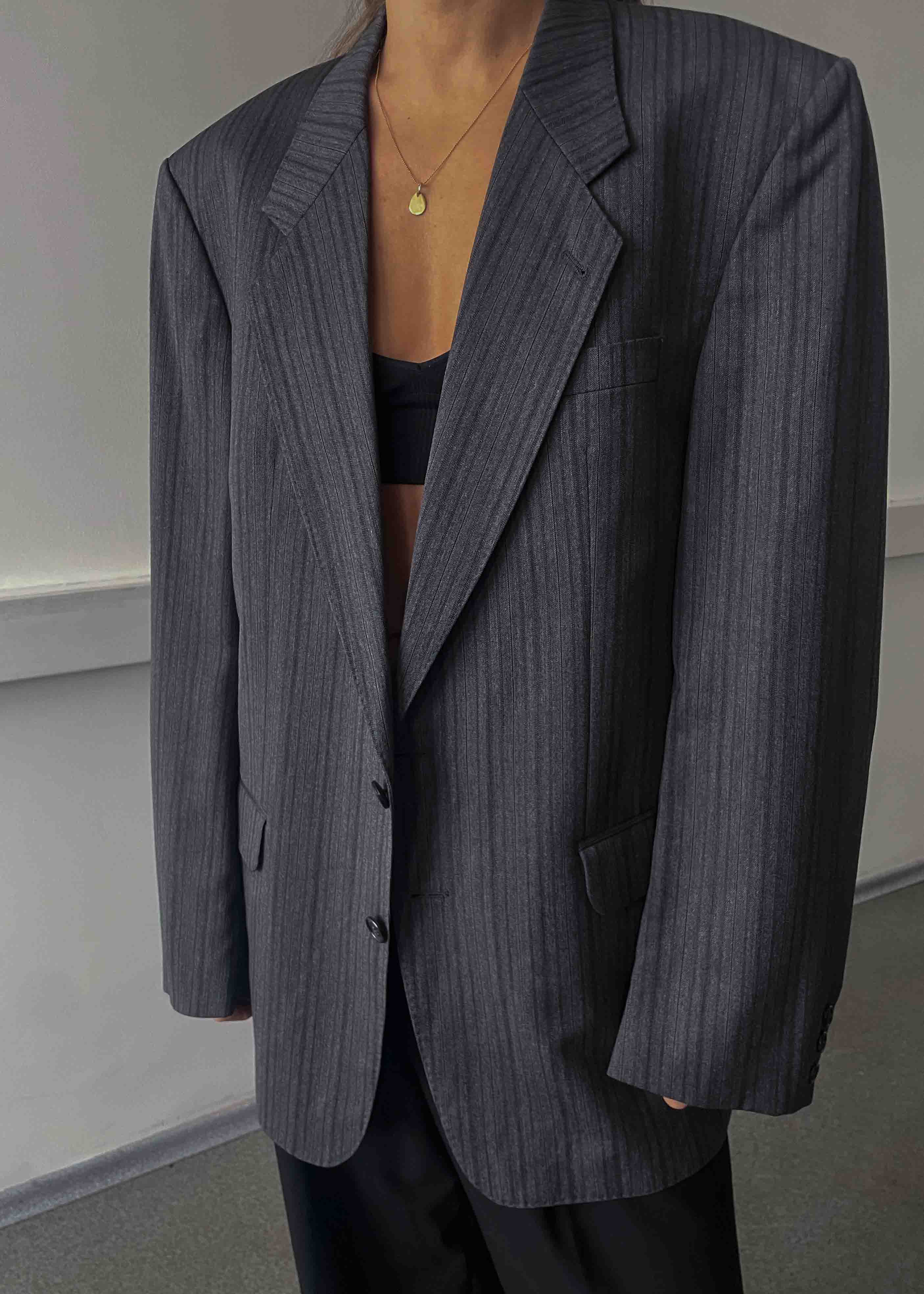 Vintage Grey Striped Oversized 100% WOOL Blazer