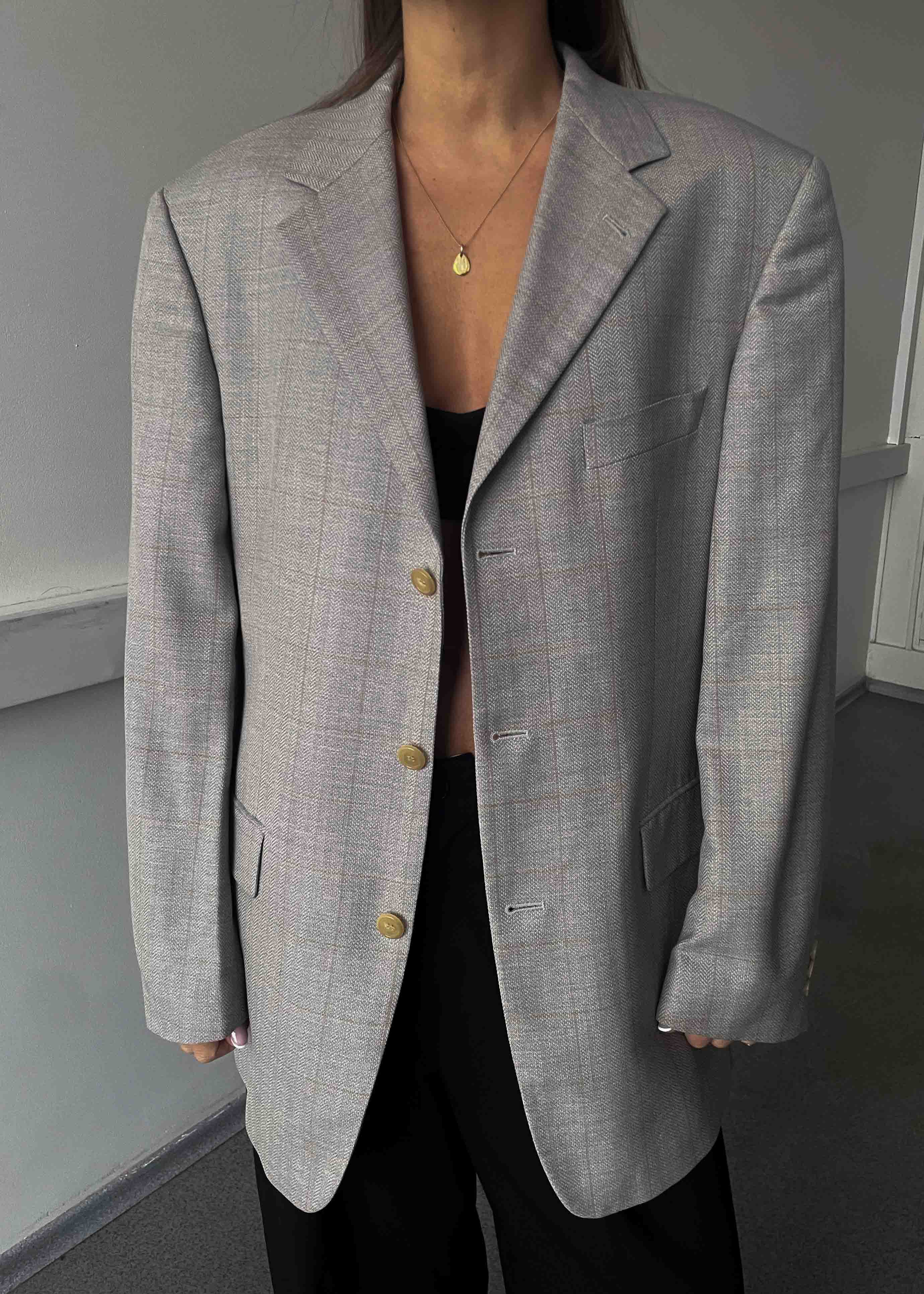 Vintage Light Grey Patterned Oversized 100% WOOL Blazer