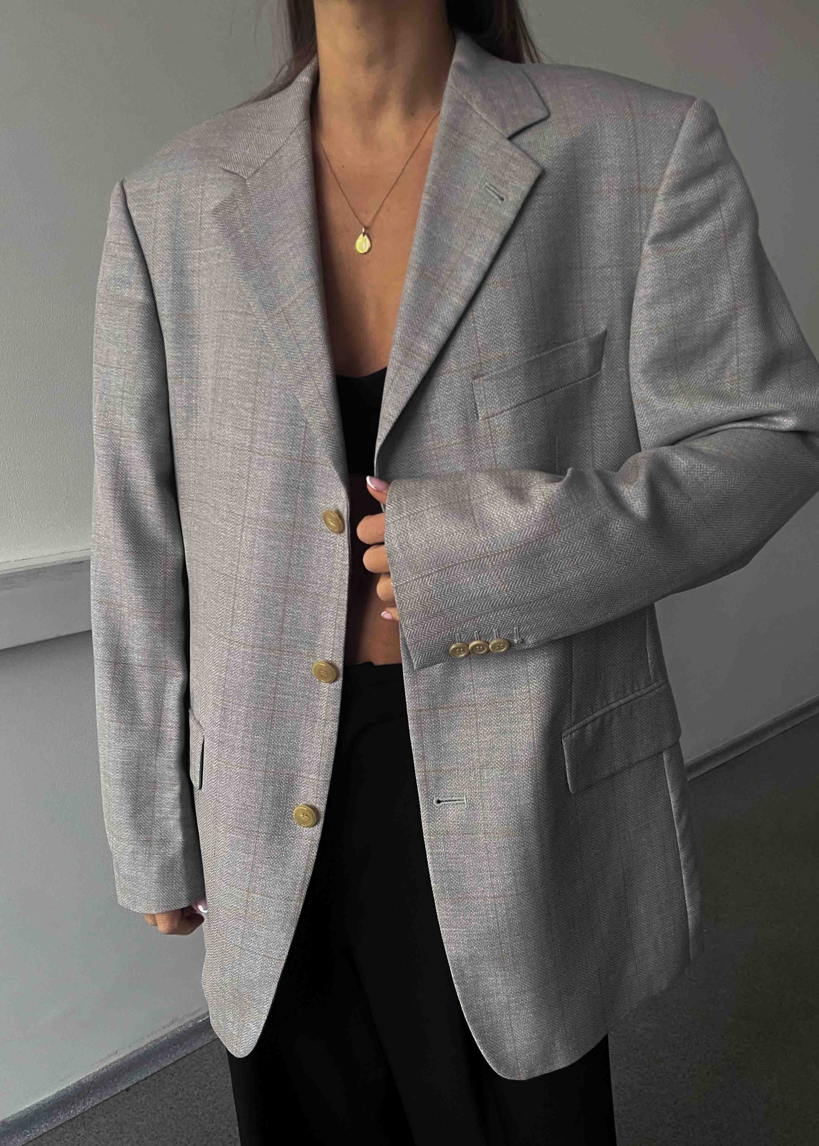 Vintage Light Grey Patterned Oversized 100% WOOL Blazer