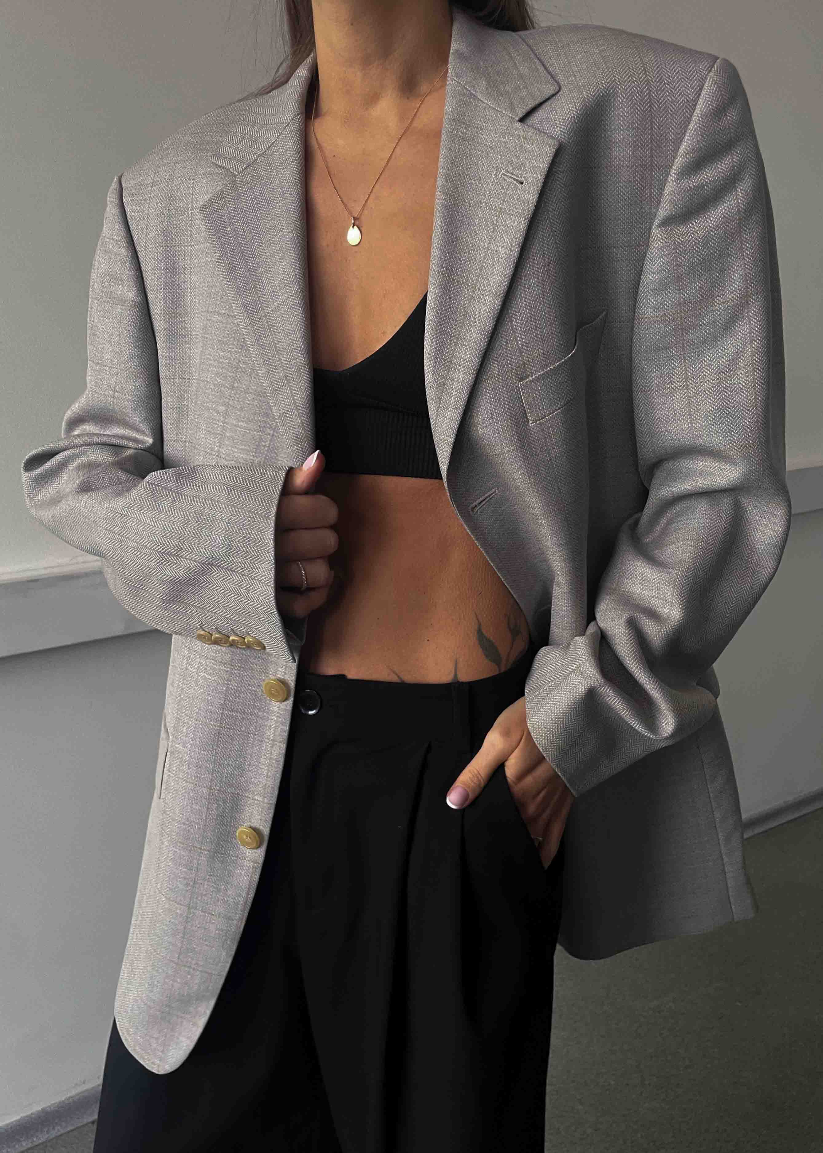 Vintage Light Grey Patterned Oversized 100% WOOL Blazer