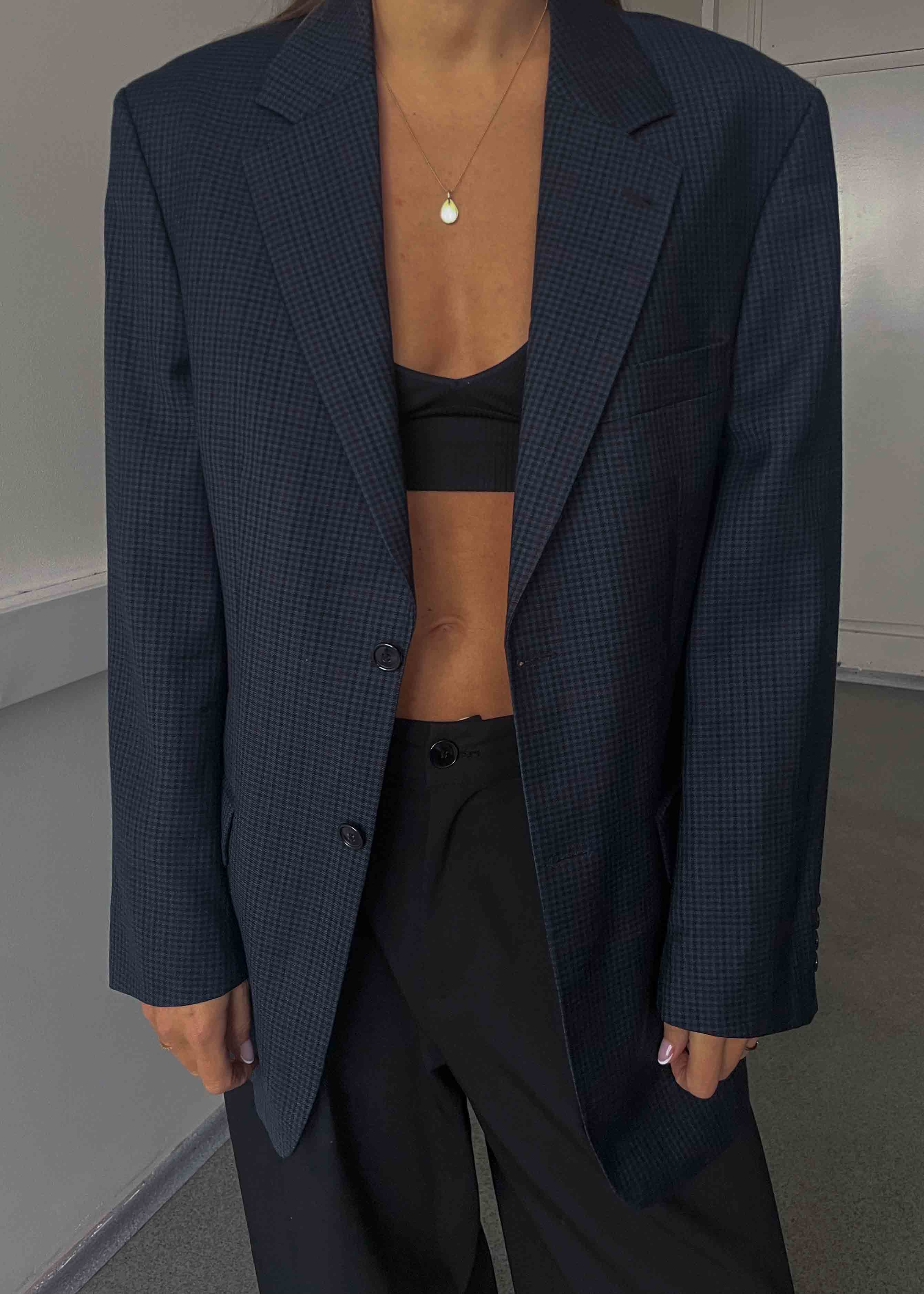 Vintage Dark Blue Checked Oversized 100% WOOL Blazer
