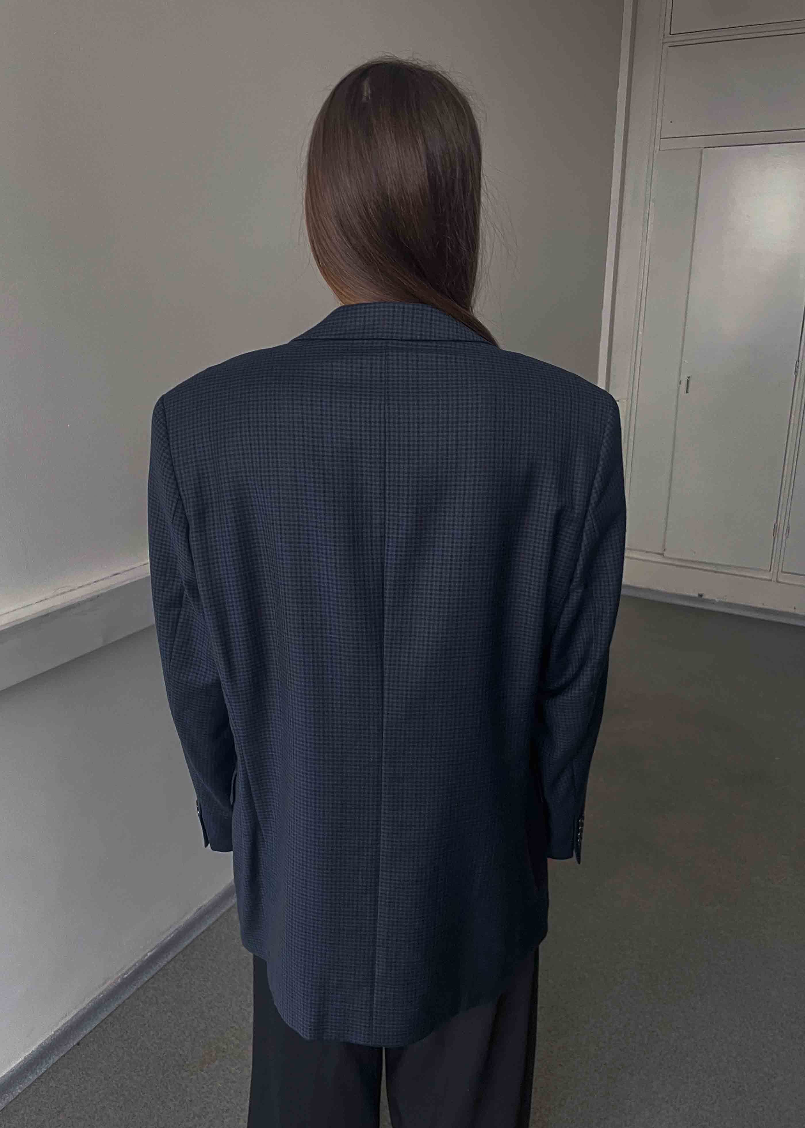 Vintage Dark Blue Checked Oversized 100% WOOL Blazer