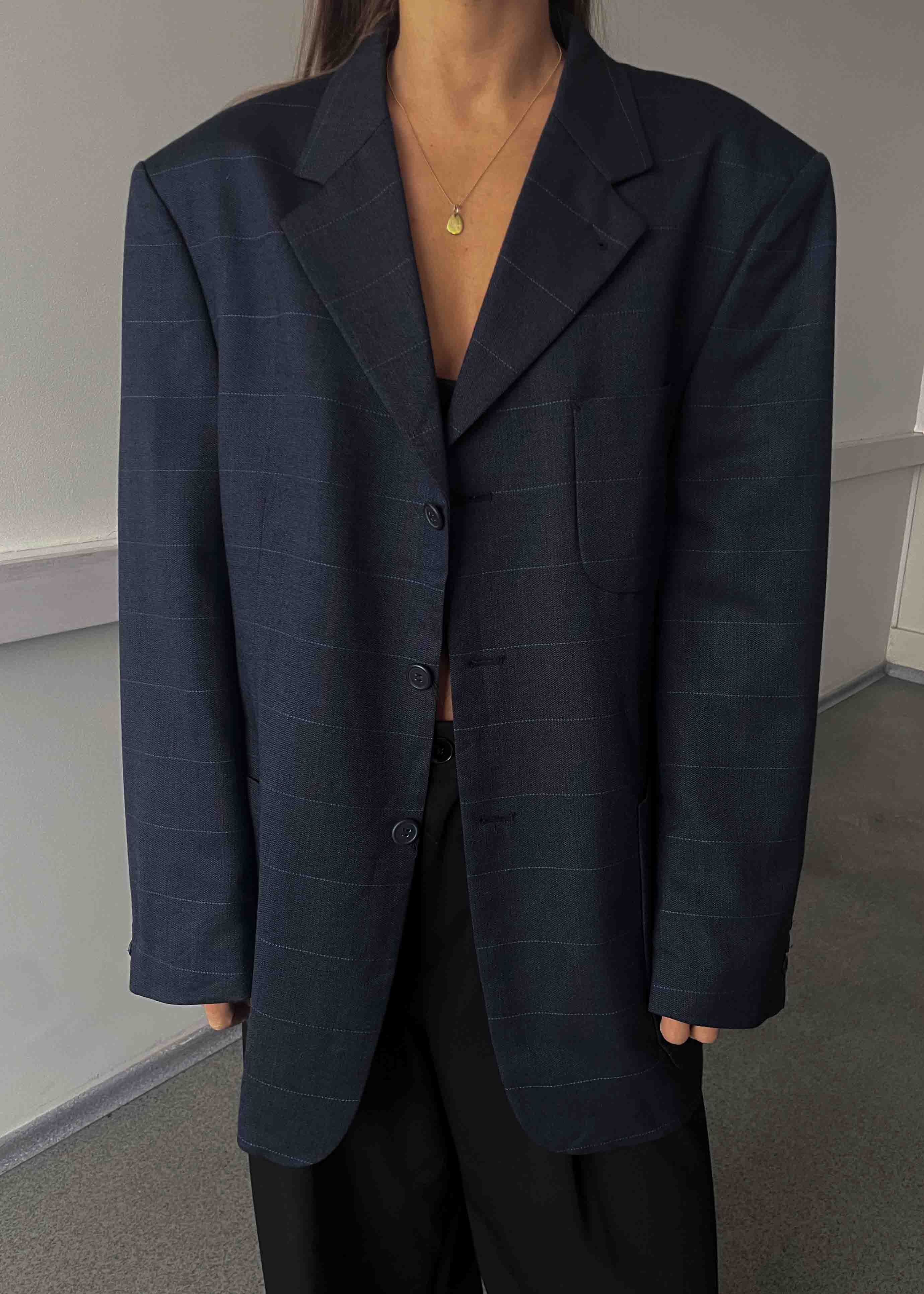 Vintage Dark Blue Checked Oversized Blazer