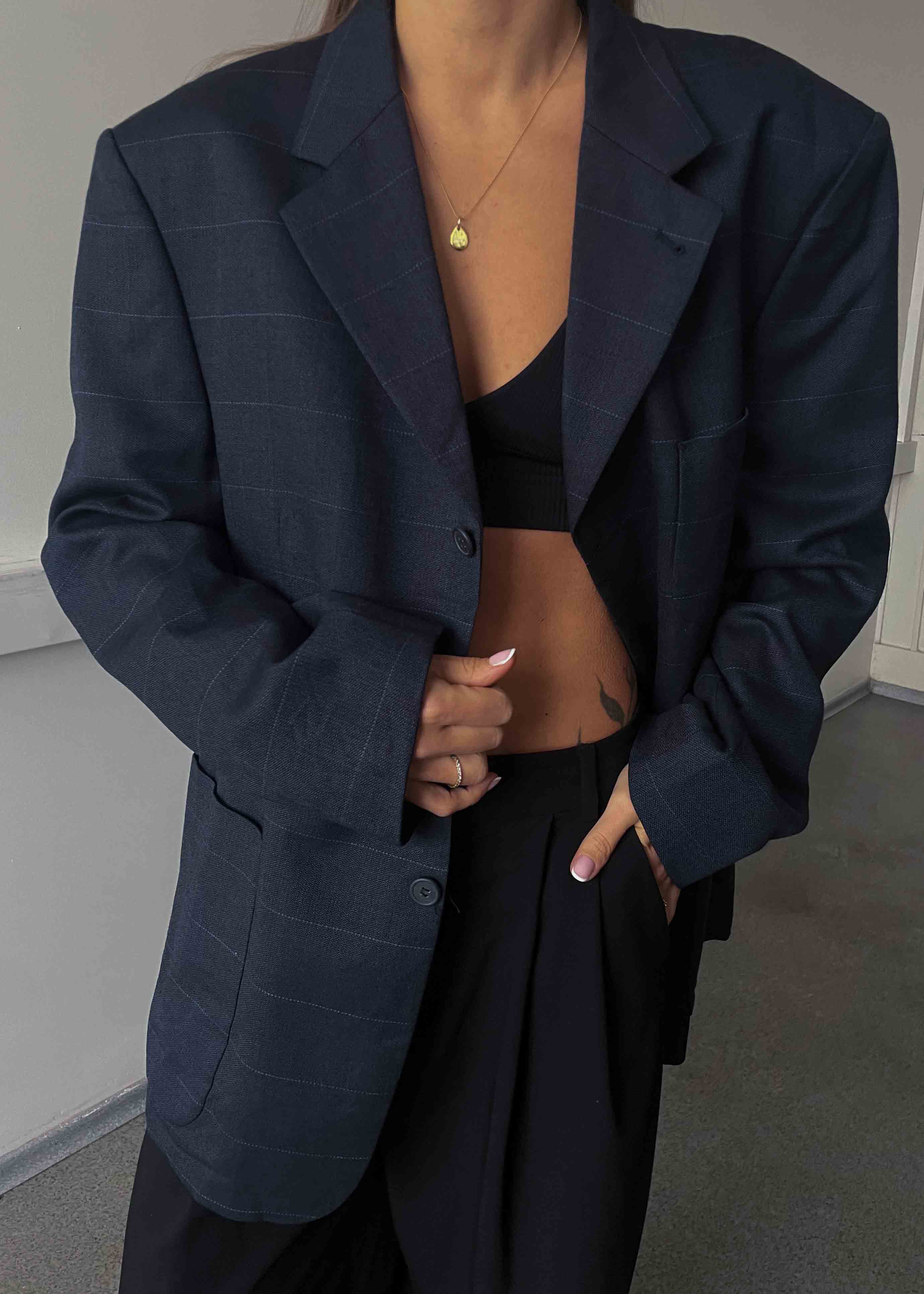 Vintage Dark Blue Checked Oversized Blazer