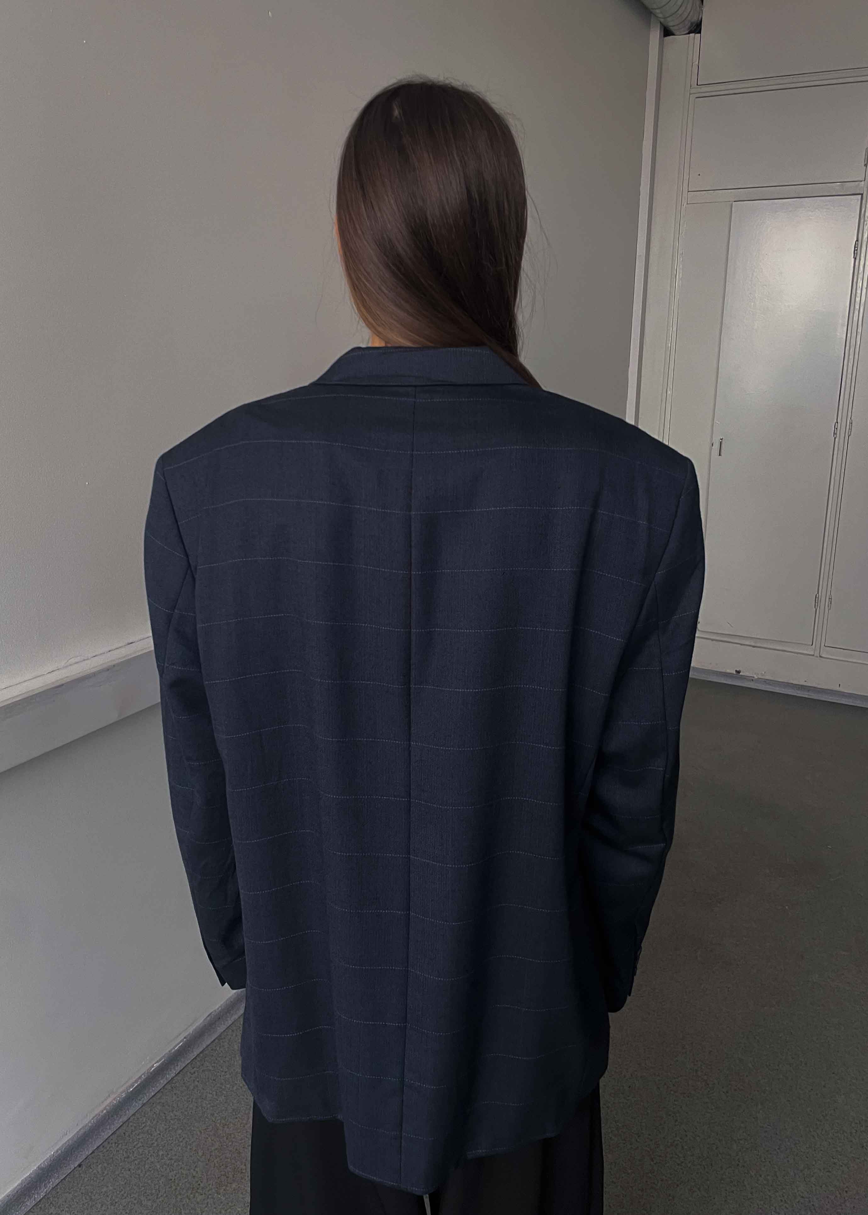 Vintage Dark Blue Checked Oversized Blazer