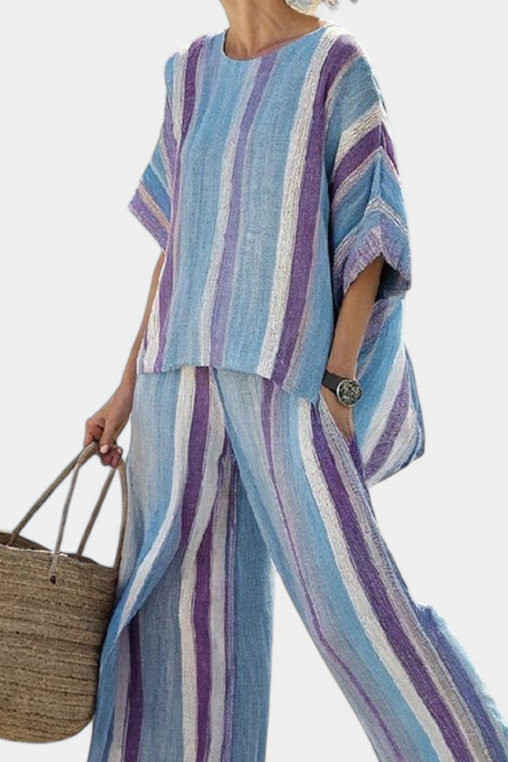 Ginevra — Elegant Pastel Mauve Top & Striped Linen Trousers